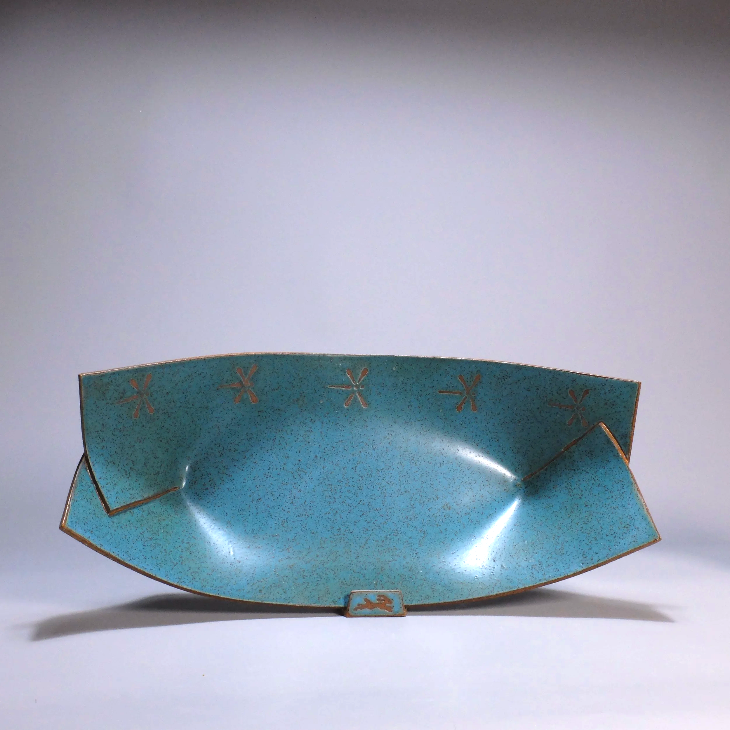 Big Boat, 2026. Speckled stoneware, turquoise matte glaze, dragonfly motif. 16.5"L, 8.5"W, 5.25"D.