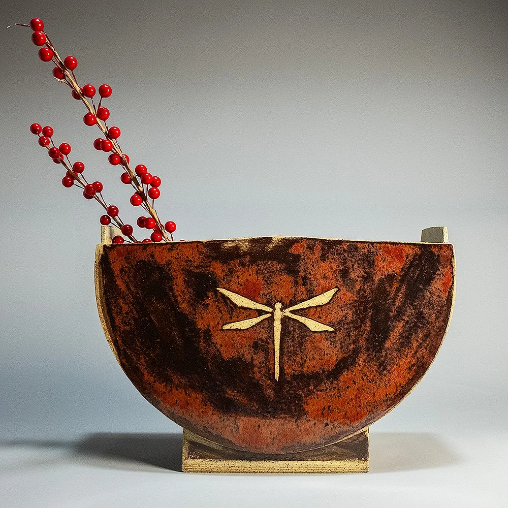 Half-Moon Vase, Red with Dragonfly Motif