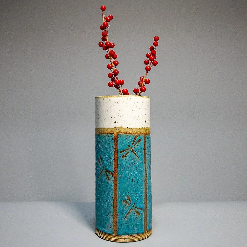 Tall Cylinder Vase 3in Diameter 2 Tone Dragonfly w_Berries.jpg