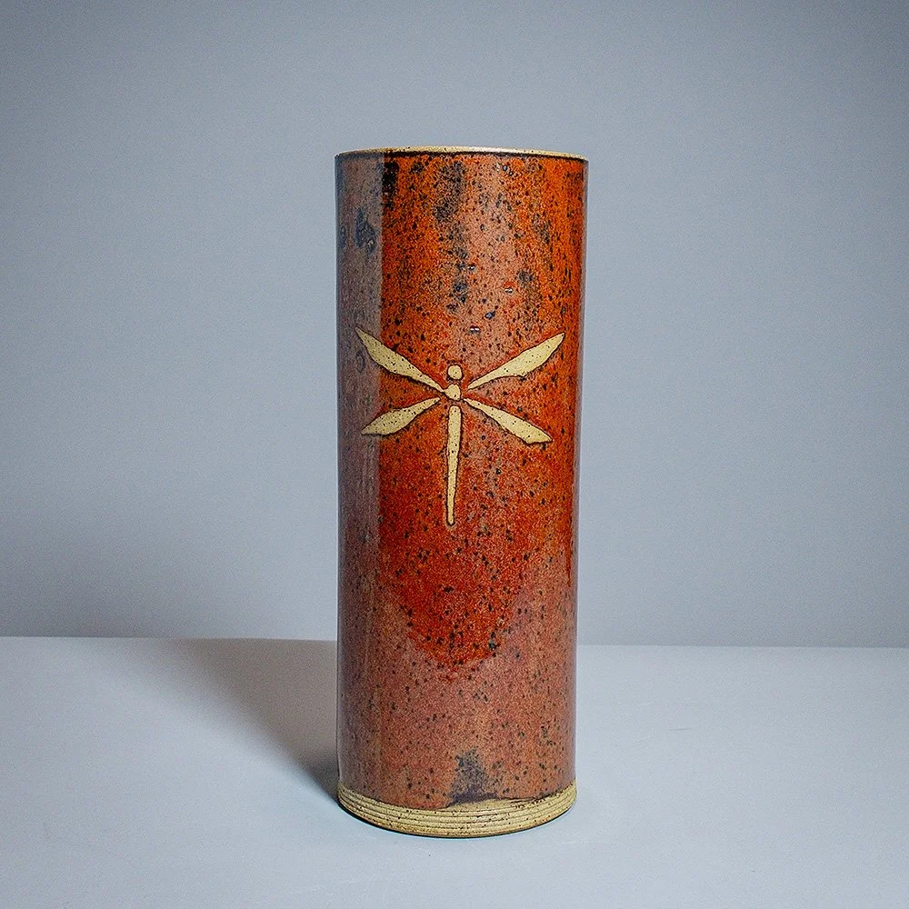 Tall Cylinder Vase 3in Diameter Red Dragonfly.jpg