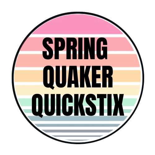 Logo with the text 'Spring Quaker Quickstix' in bold blue letters, featuring a circular background with pastel-colored stripes.