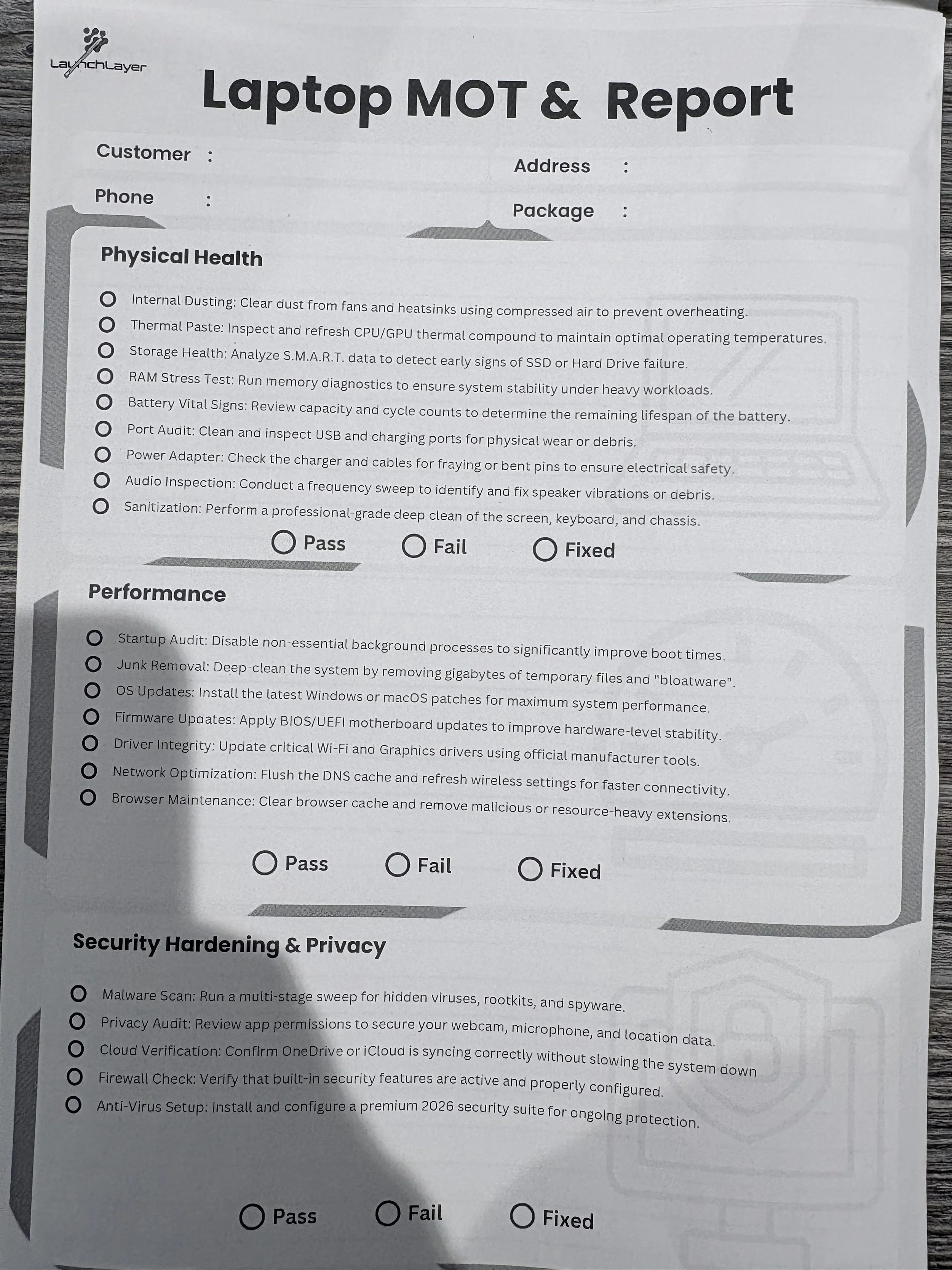 LaunchLayers document for laptop MOT detailing all the touch points covered