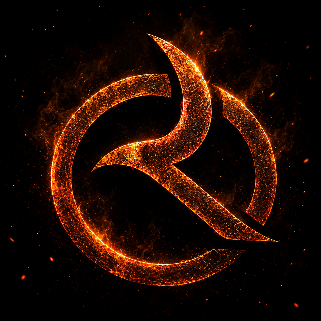 A fiery, glowing symbol of the letter Q with a swirl design, surrounded by sparks and flames on a black background.