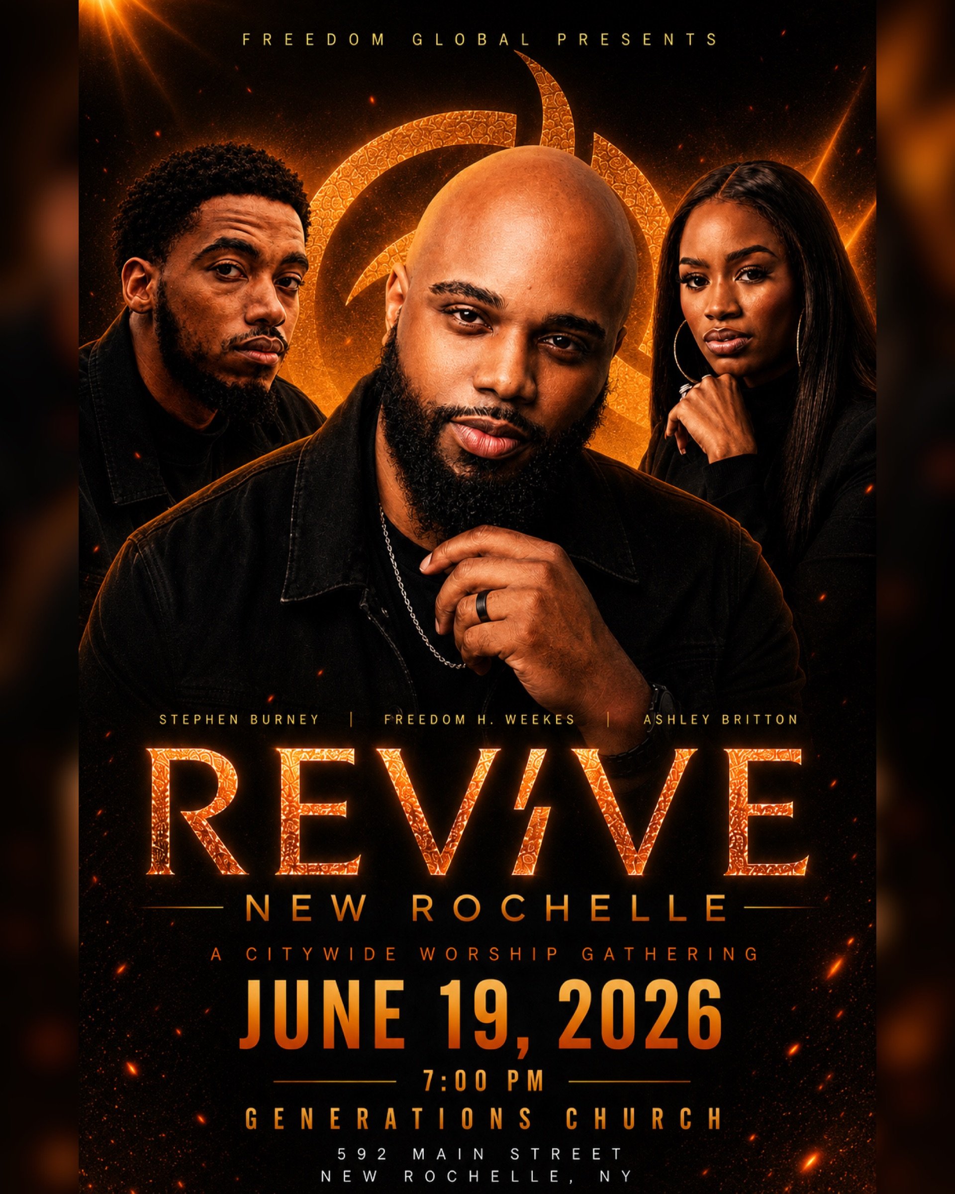 Poster for a religious event titled 'Revive' hosted by Freedom Global. The event features three speakers: Stephen Burney, Freedom H. Weekes, and Ashley Britton. It is a citywide worship gathering scheduled for June 19, 2026, at 7:00 PM at Generations Church, 592 Main Street, New Rochelle, NY.