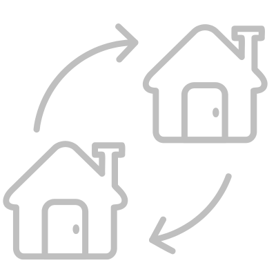 Two houses with arrows icon representing military relocation assistance and investor-focused real estate strategy by MRP certified Realtor Gillian Gooch