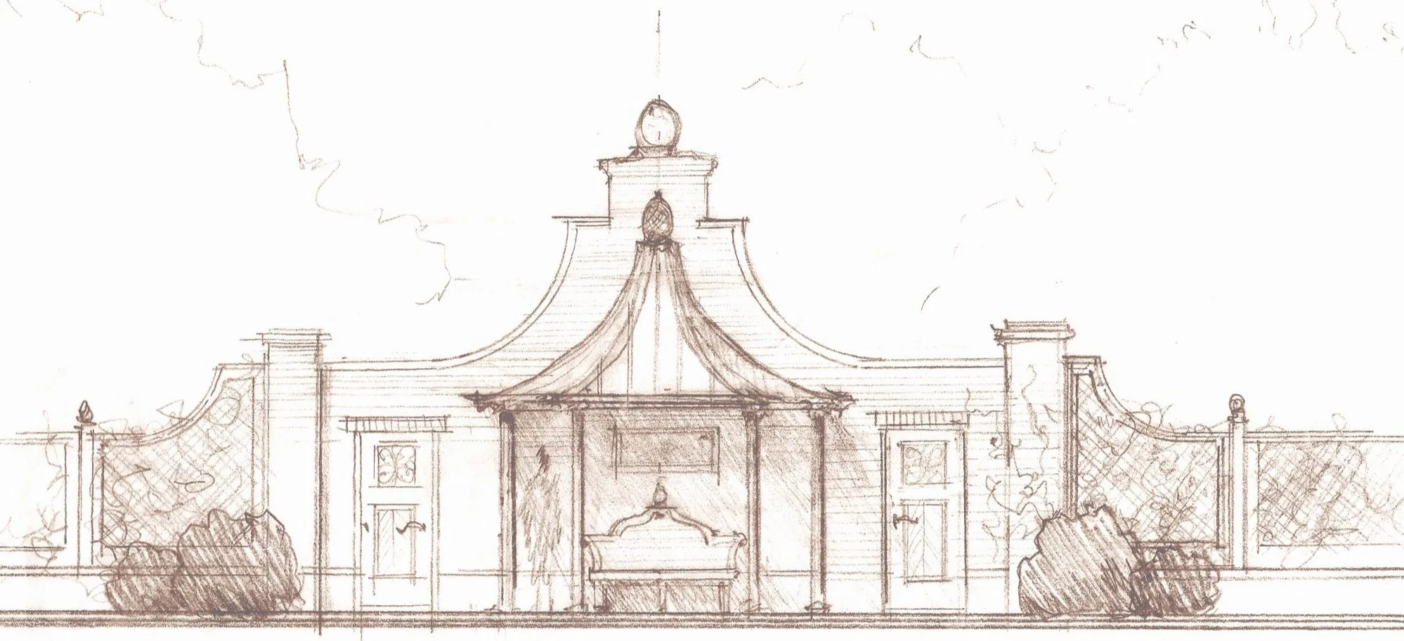 A detailed architectural sketch of a building with a curved roof, finial topped brick wall behind, and surrounding fencing, with boxwood in front.