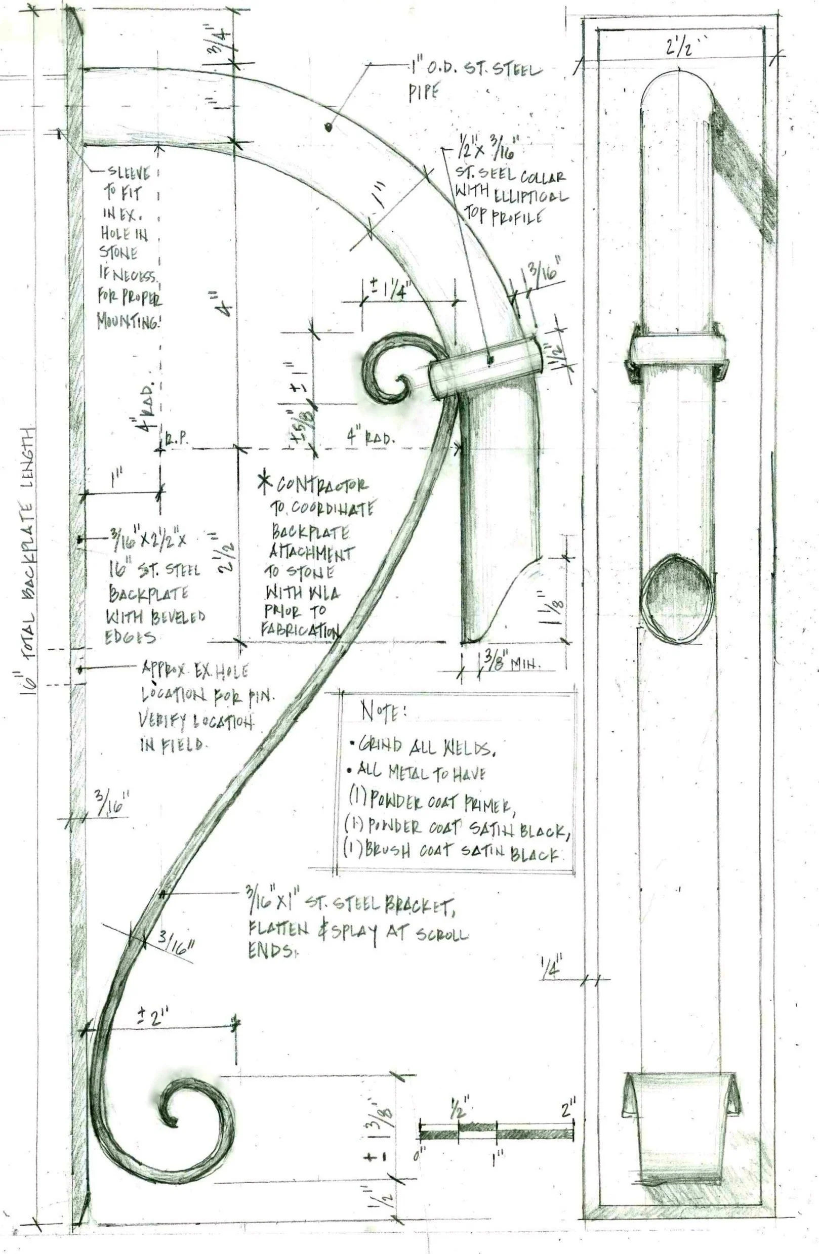 A detailed sketch of a decorative metal scroll bracket and fountain spout with measurements and construction notes.