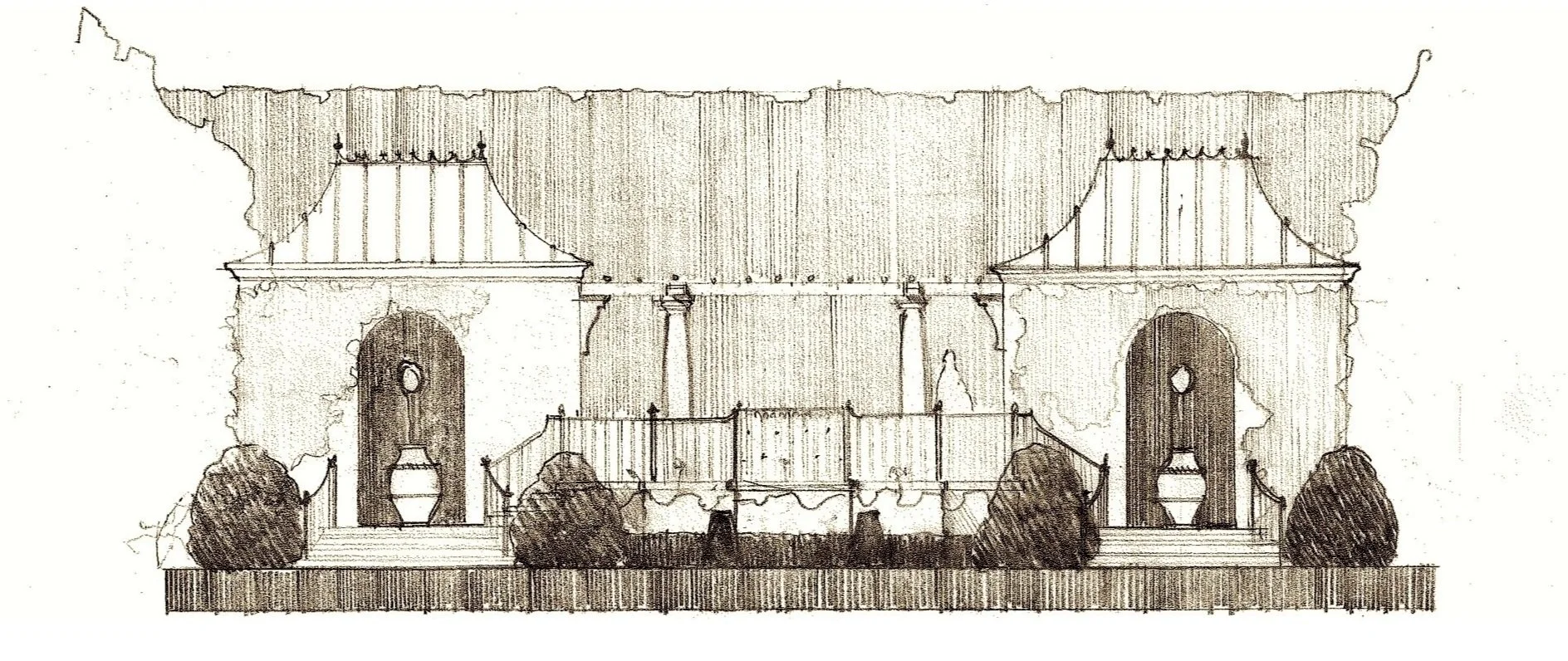 A detailed architectural sketch of a building with two arched doorways, each with a small circular window above, flanked by shrubbery. The building has a symmetrical design with a central railing and decorative elements, resembling a grand entrance or facade.