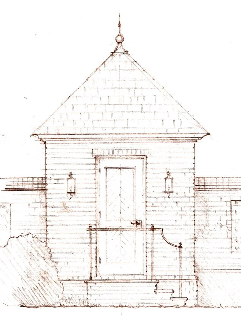 Hand-drawn sketch of a small building with a triangular roof, a wooden door, two wall-mounted lanterns, and a small set of steps with a decorative railing leading up to the door.