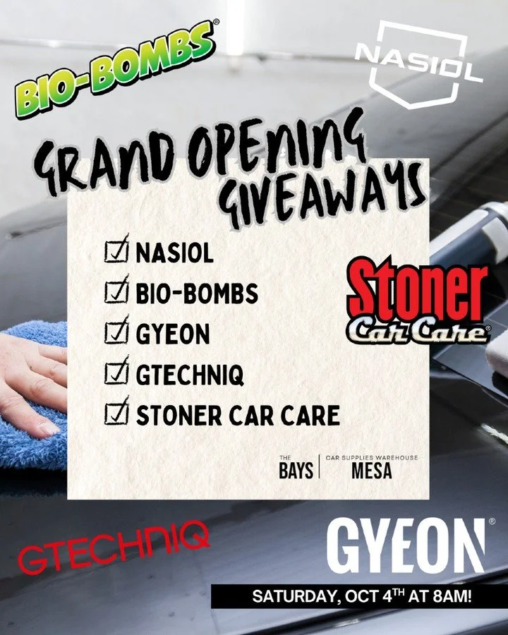 Don't miss the giveaways at our Grand Opening: Saturday, Oct 4th, 8am!

We will have product giveaways from our friends at:
🚙 Nasiol
🚙 Bio-Bombs
🚙 Gyeon
🚙 Stoner Car Care
🚙 Getechniq

And we will be giving away ONE, exclusive Founder's Membershi