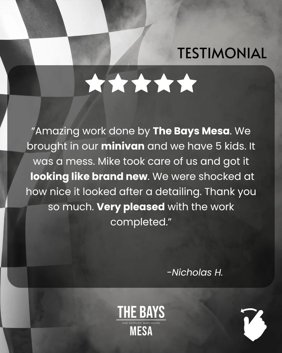 Nothing beats hearing it straight from our clients 🙌 Thank you, Nicholas!

Thank you for trusting The Bays Mesa with your ride; we&rsquo;re proud to be the only indoor, climate-controlled detailing facility in Arizona. Whether you&rsquo;re washing, 