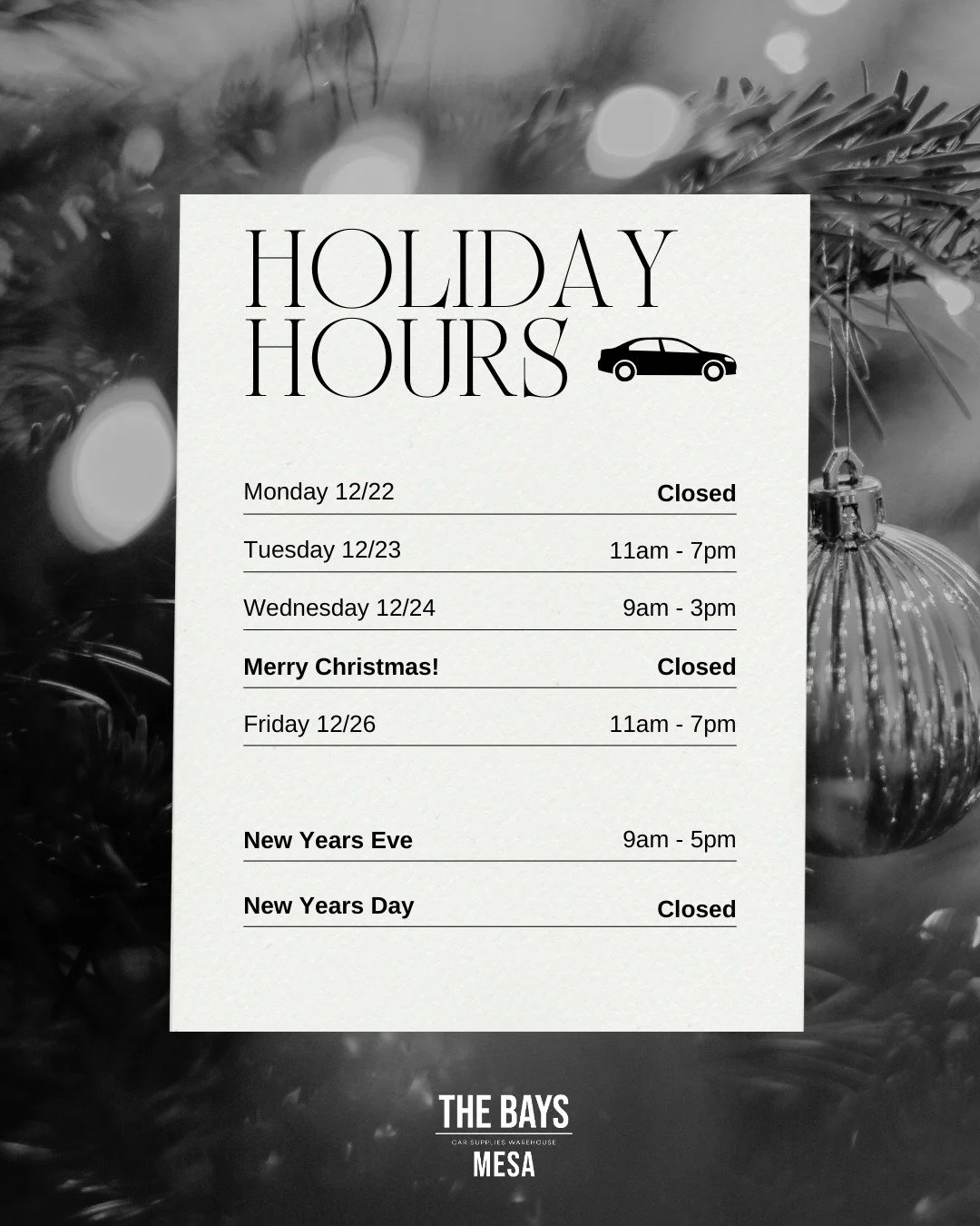 Christmas is in 10 short days! Here are our holiday hours next week + New Years! Save this post so you don't forget 🗓️
.
.
.
#thebaysmesa #mesaaz #holidaystorehours