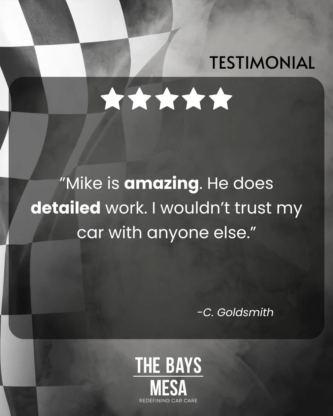 Testimonial Tuesday ⚡

&ldquo;Mike is amazing; he does detailed work. . . I wouldn&rsquo;t trust my car with anyone else.&rdquo;

#thebaysmesa #mesaaz #testimonialtuesday #customercare