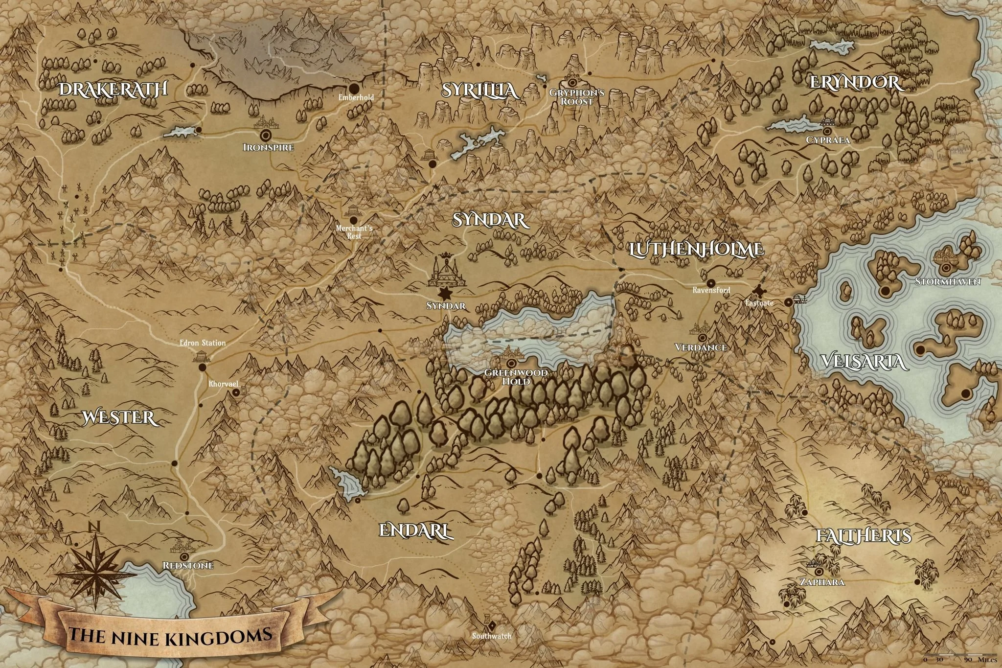 A fantasy map of The Nine Kingdoms, showing regions such as Drakerath, Syrillia, Eryndor, Wester, Endarl, Fatheris, and Veasria, with various locations like Ironspire, Merchant's Rest, and Redstone, featuring mountains, forests, lakes, and rivers.