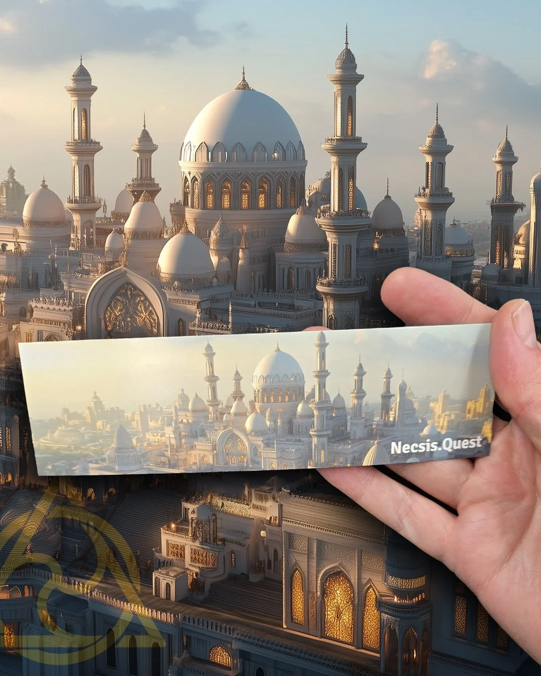 A person holding a bookmark of a grand, ornate white and gold architectural structure resembling a palace or mosque, with multiple domes and minarets, against a large-scale poster of the same building.