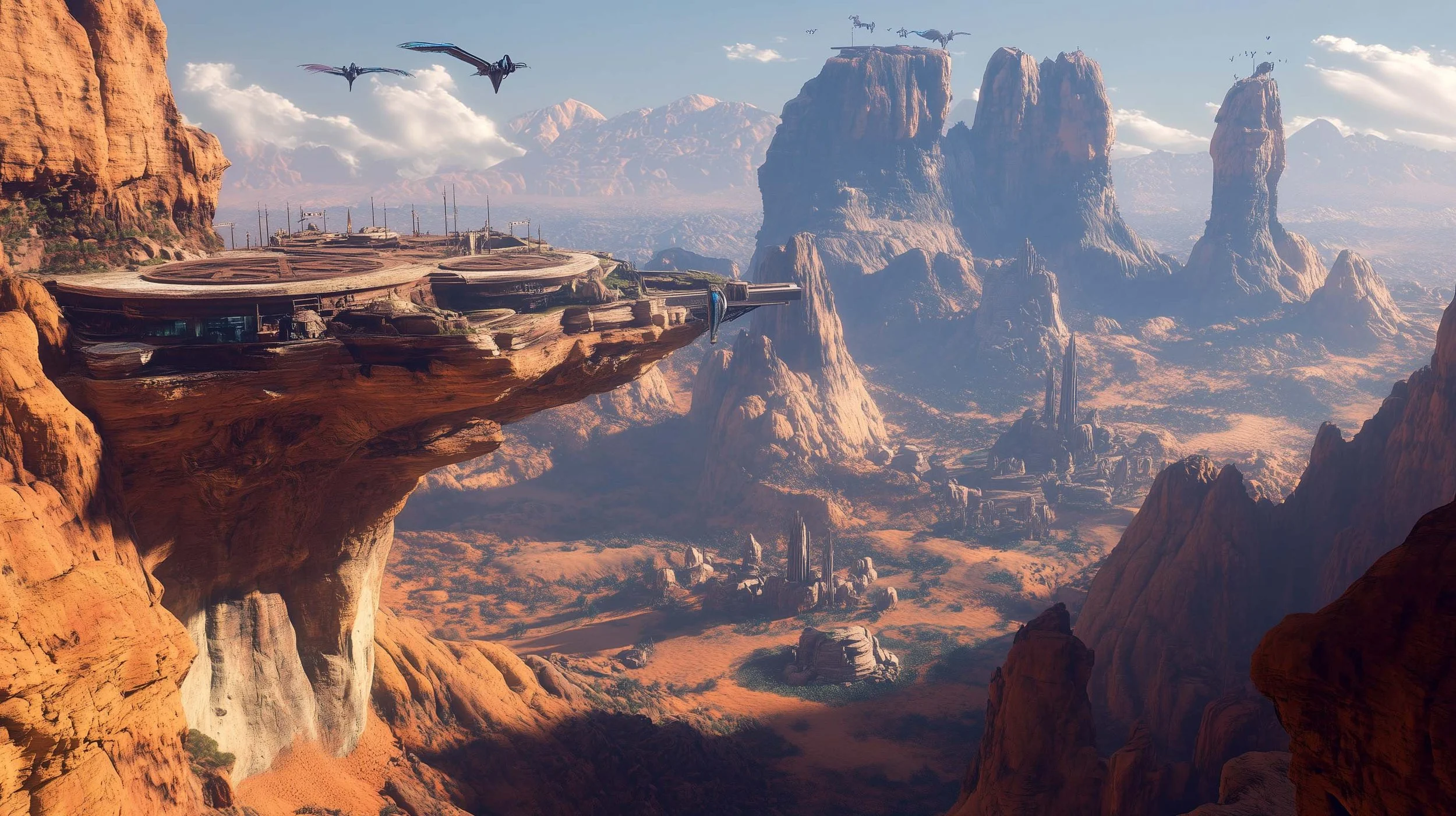 A futuristic landscape with rocky formations and a large, floating platform structure on a cliff. Several flying vehicles are seen above, and distant mountain peaks under a partly cloudy sky.