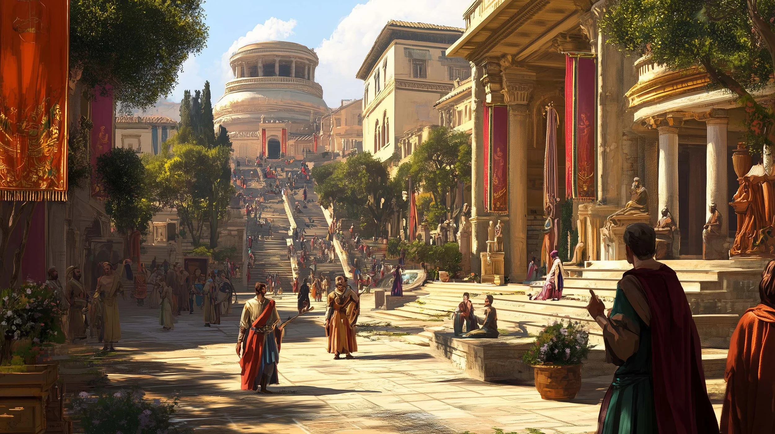 Ancient city scene with stairs leading up to a large building, people dressed in traditional robes walking and sitting, surrounded by trees and classical architecture under a sunny sky.
