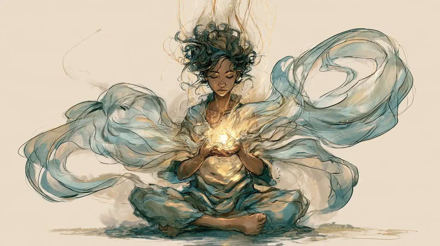A woman sitting cross-legged in a dark, mystical environment with glowing light and swirling energy around her, holding a glowing orb between her hands.