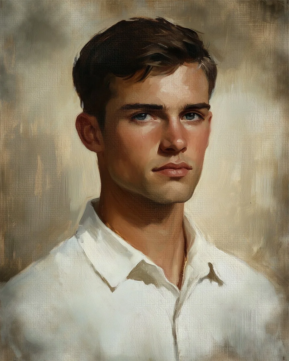 A young man with dark hair and blue eyes wearing a white shirt, depicted in a painterly, realistic style.