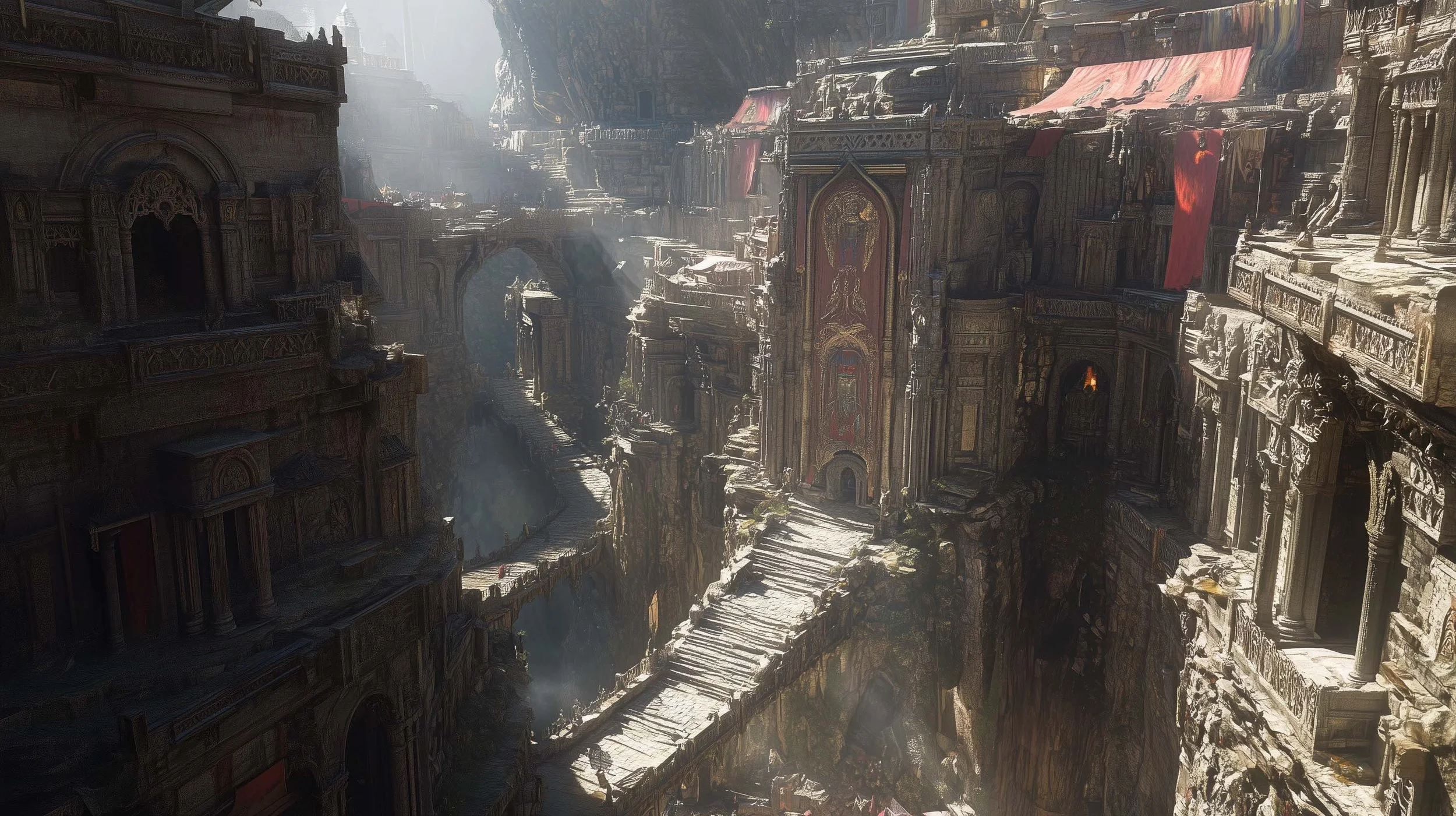 Ancient, grand stone city carved into a mountain, with bridges, stairs, and detailed architecture, bathed in soft sunlight.