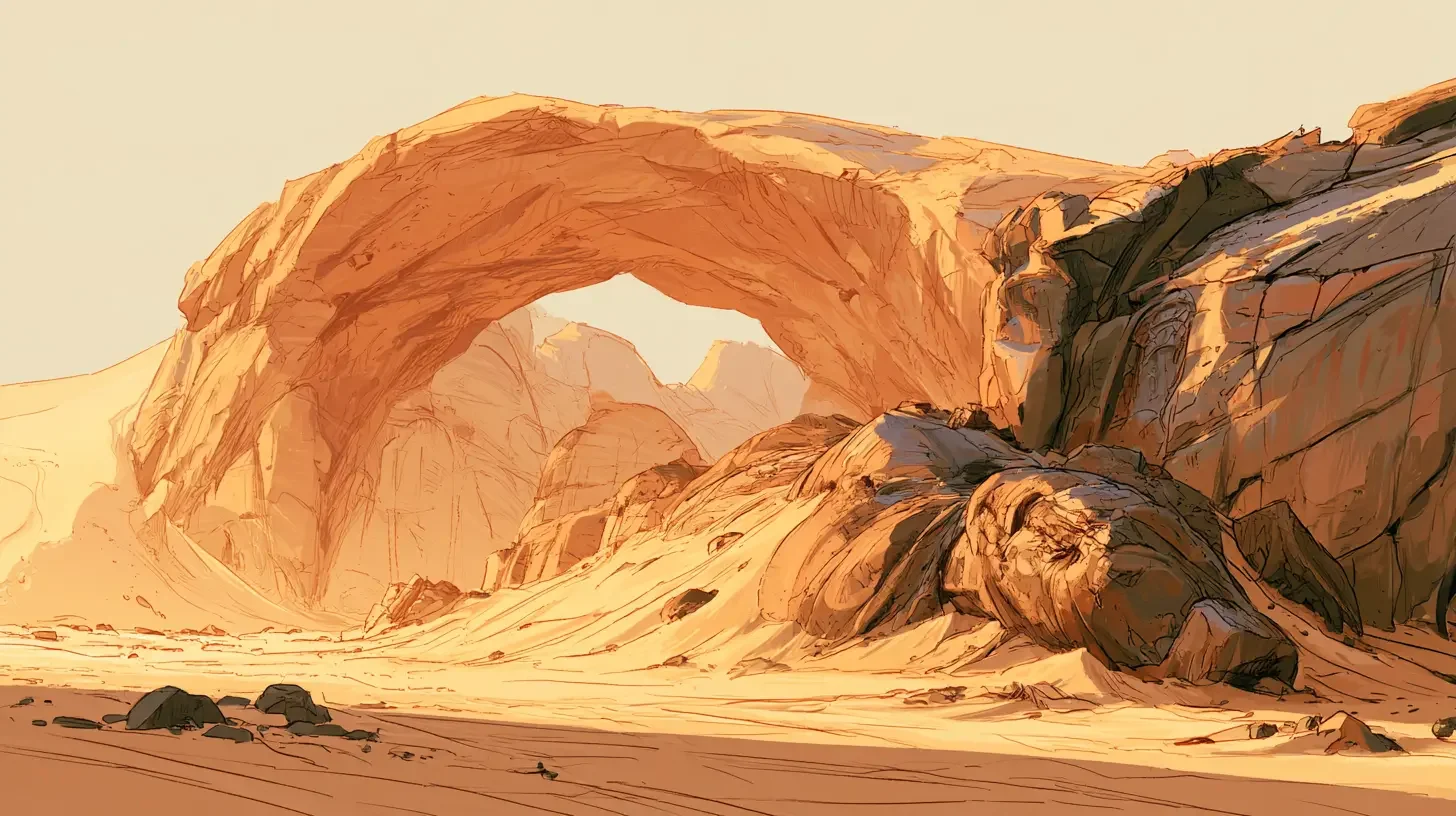 A lone figure stands before an ancient sandstone structure among massive sand dunes.