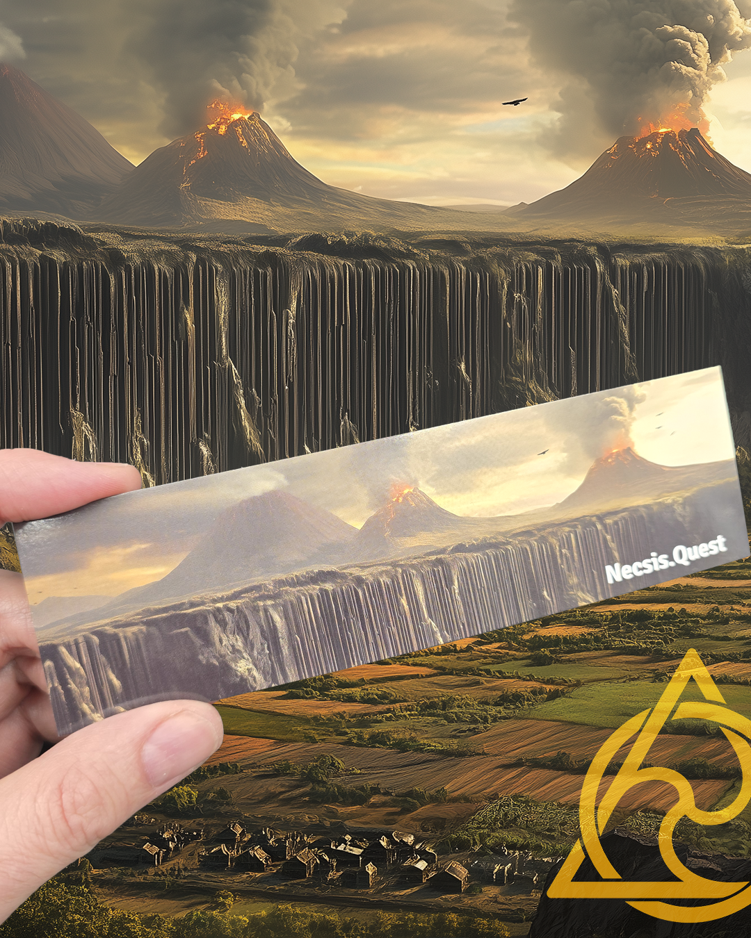 A person holds a bookmark in front of a large poster or painting depicting a landscape with multiple volcanoes erupting with smoke and lava, a dramatic sky, and a wide waterfall in the foreground.
