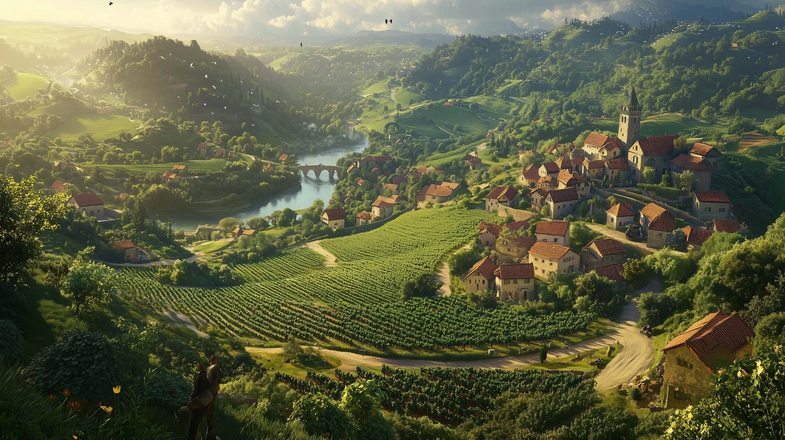 A beautiful vista of rolling green hills with a river winding through. In the foreground is a village surrounded by vinyards.
