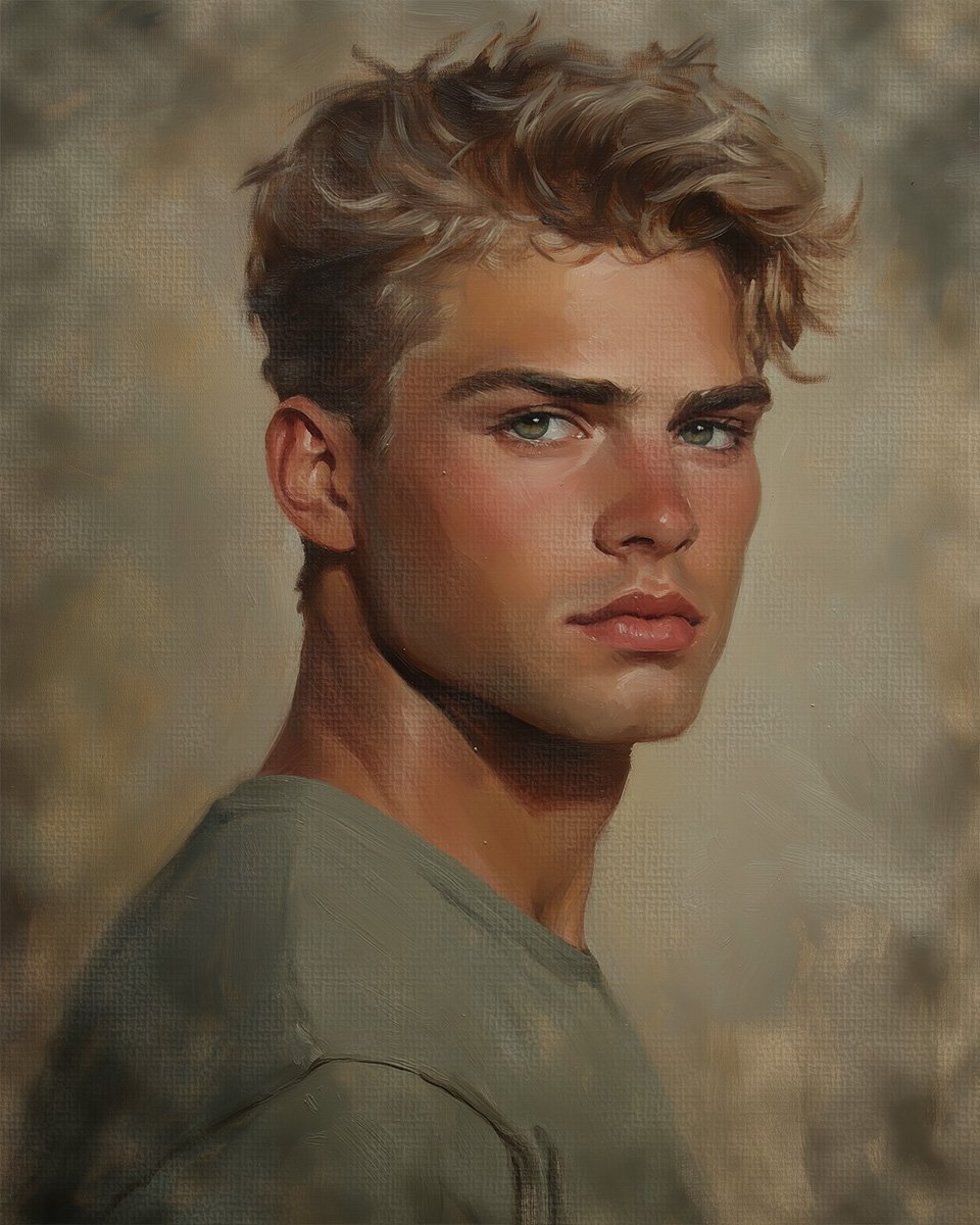 A young man with blonde hair and blue eyes gazes at the camera with a serious expression.