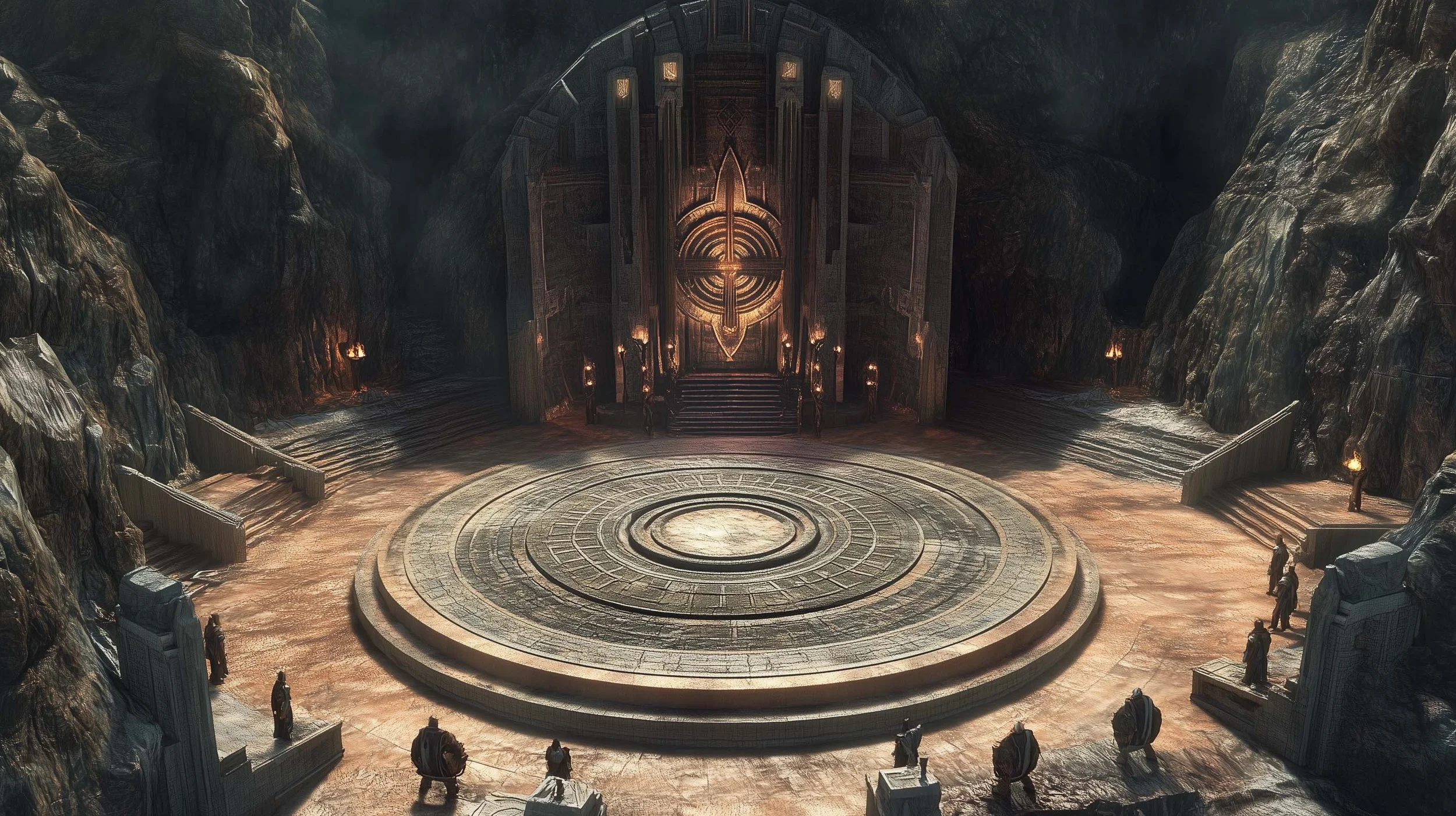 A large, ancient, circular stone platform with concentric rings in a cavernous room with rocky walls. There are seven statues surrounding the platform, five standing on the edges and two kneeling nearby. At the back, a tall, ornate door with glowing symbols is lit by torches. Stairs lead up to the door on each side, with torches along the stairs.