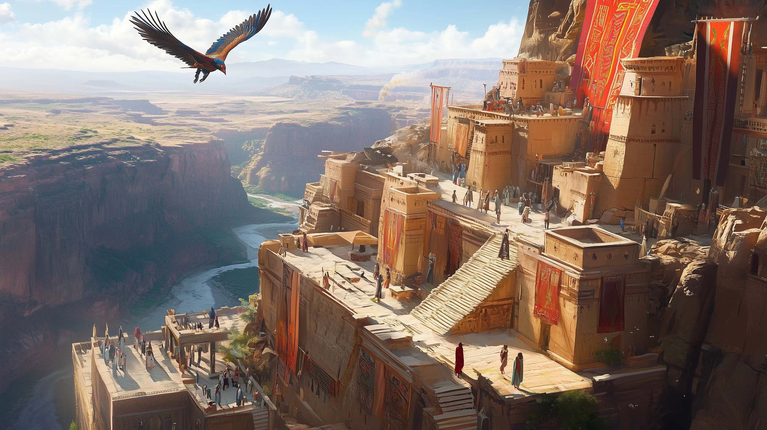 A massive city of adobe structures stands atop a butte overlooking a canyon landscape with a fertile river valley far below.