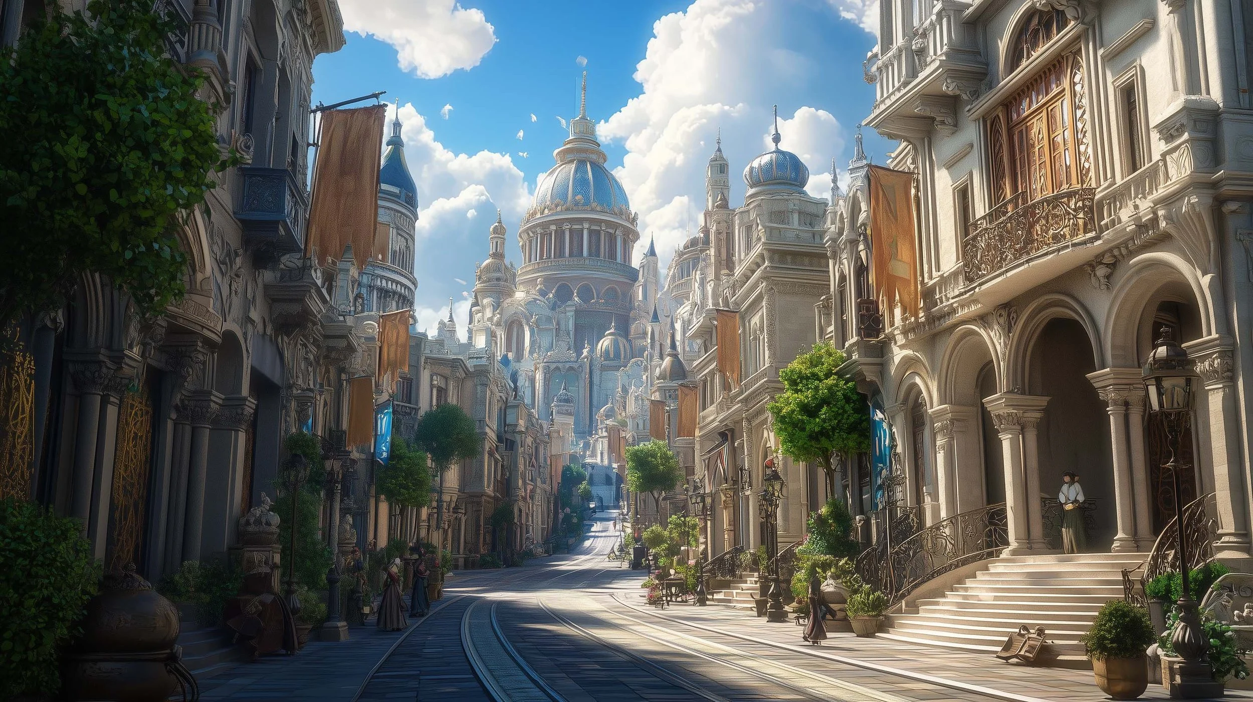 A prosperous fantasy city with a bustling wide avenue, at the far end of which towers a grand palace.