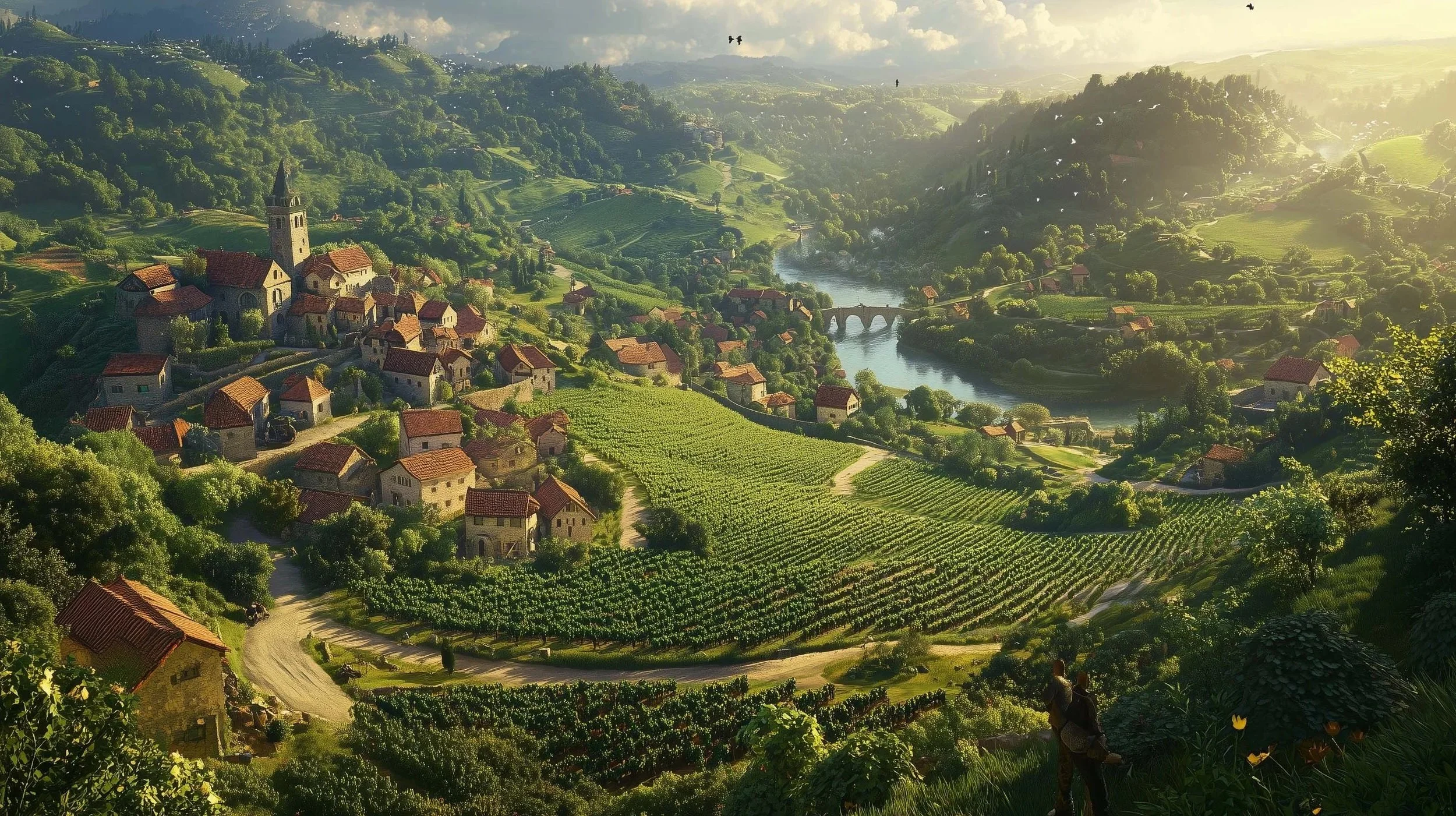 A picturesque view of a lush green village with a church, clustered houses, winding roads, and terraced vineyards by a river, surrounded by rolling hills and trees with sunlight illuminating the scene.