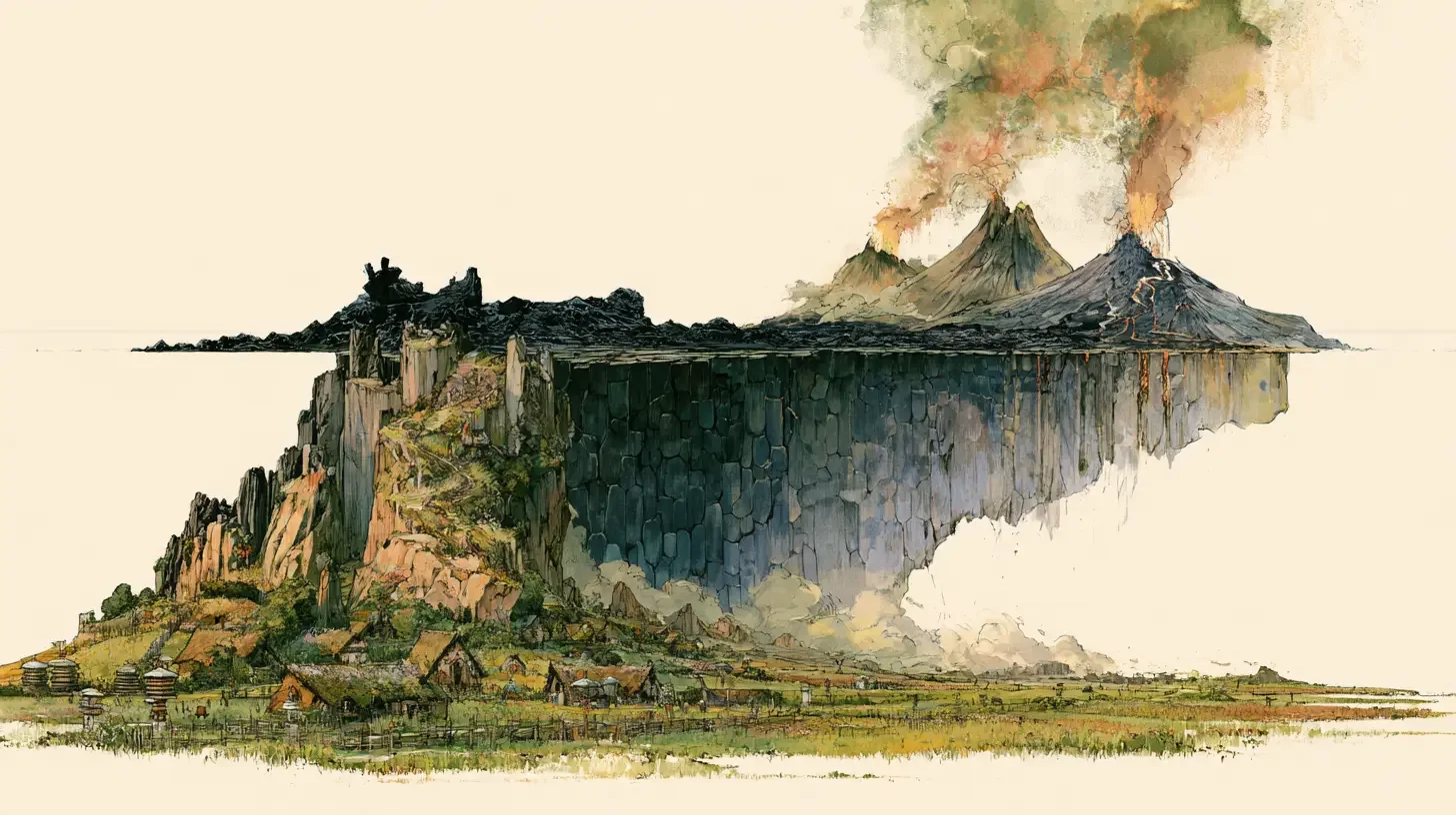Lush farmland edged by a massive basalt cliff, above which rise three volcanoes--two erupting, one dormant.