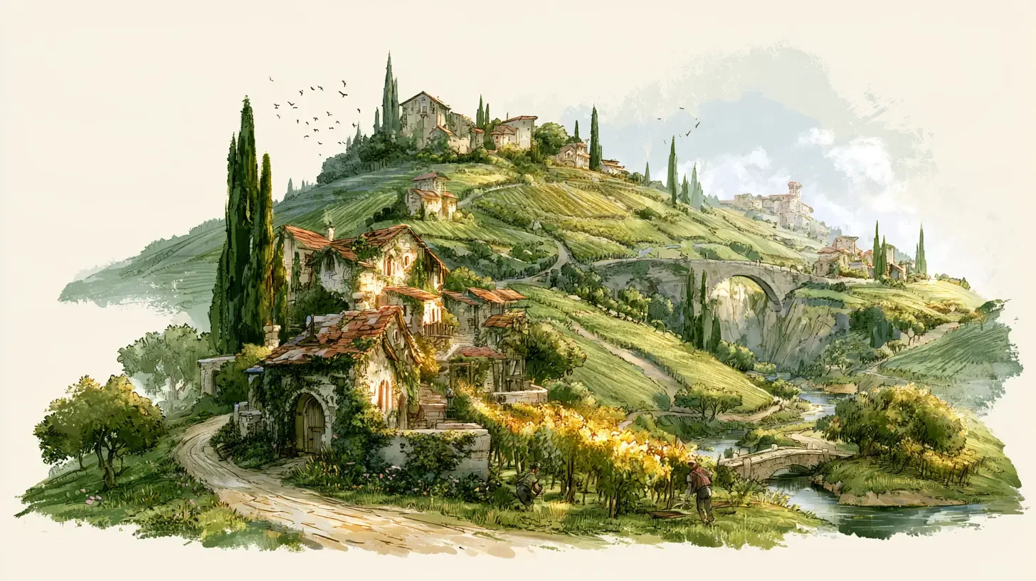 A beautiful vista of rolling green hills with a river winding through. In the foreground is a village surrounded by vinyards.