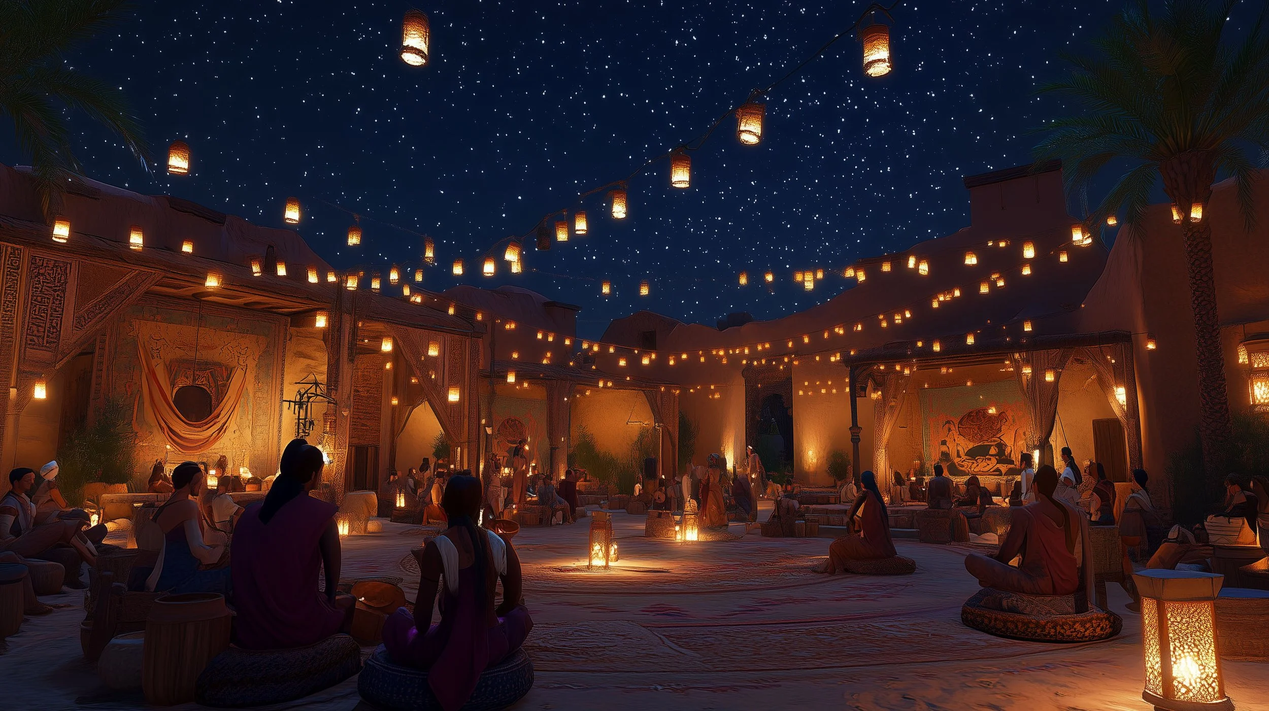 Nighttime outdoor gathering with people dressed in traditional attire, sitting on cushions under hanging lanterns, on a decorated open-air terrace with starry sky overhead.