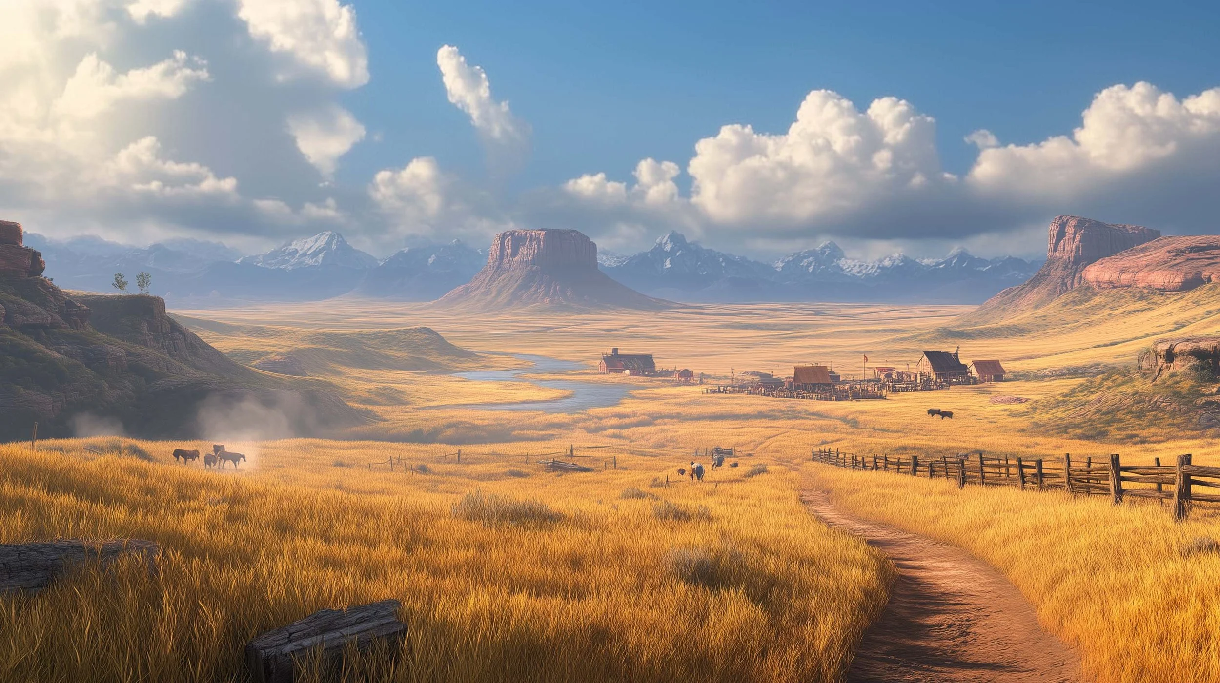 A great plain of golden grasses with fencing, livestock and a small farm. In the far distance, great buttes rise from the plain and beyond them, a range of mountains.