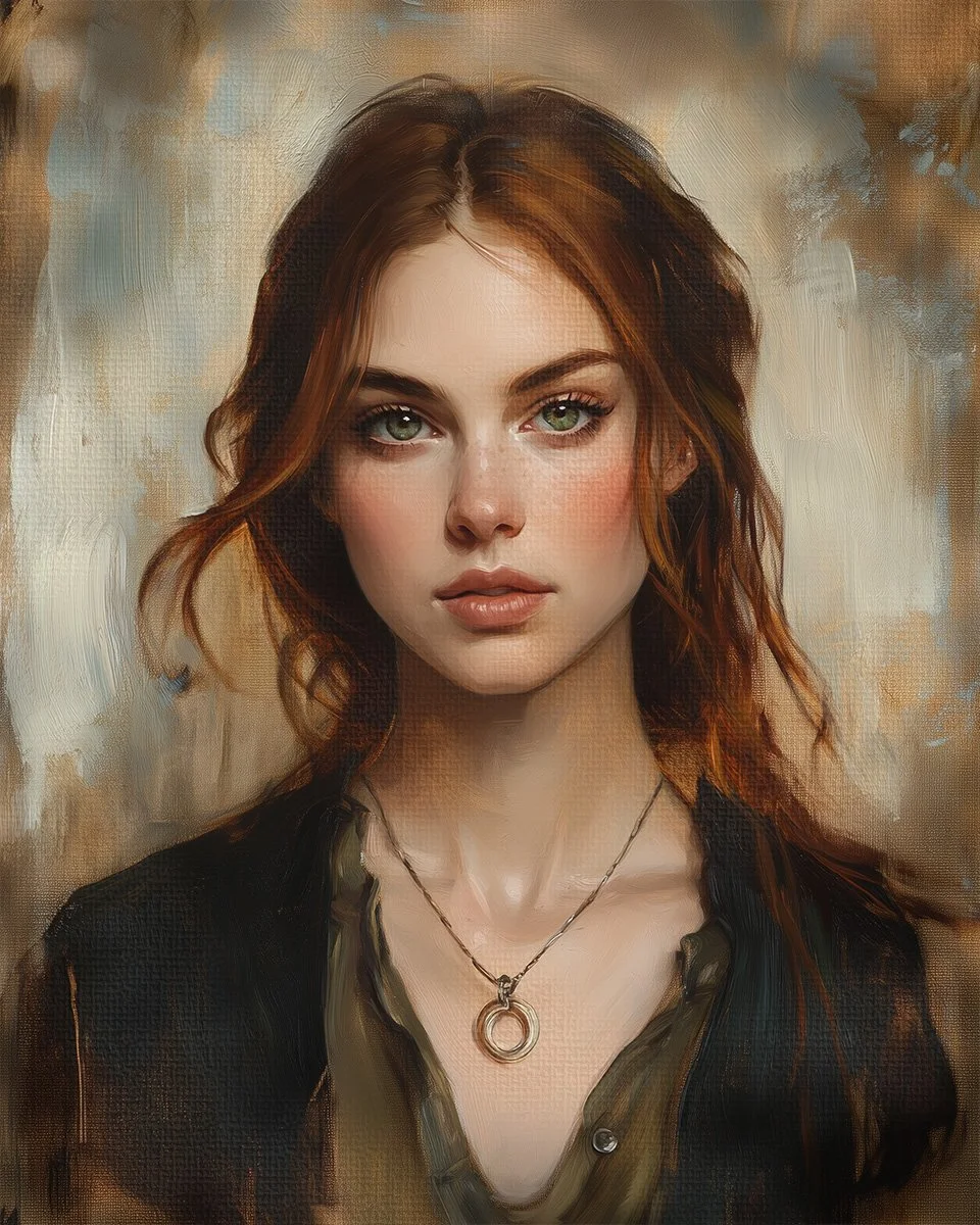 Digital portrait of a young woman with green eyes and reddish-brown hair, wearing a black top and a silver necklace with two rings.