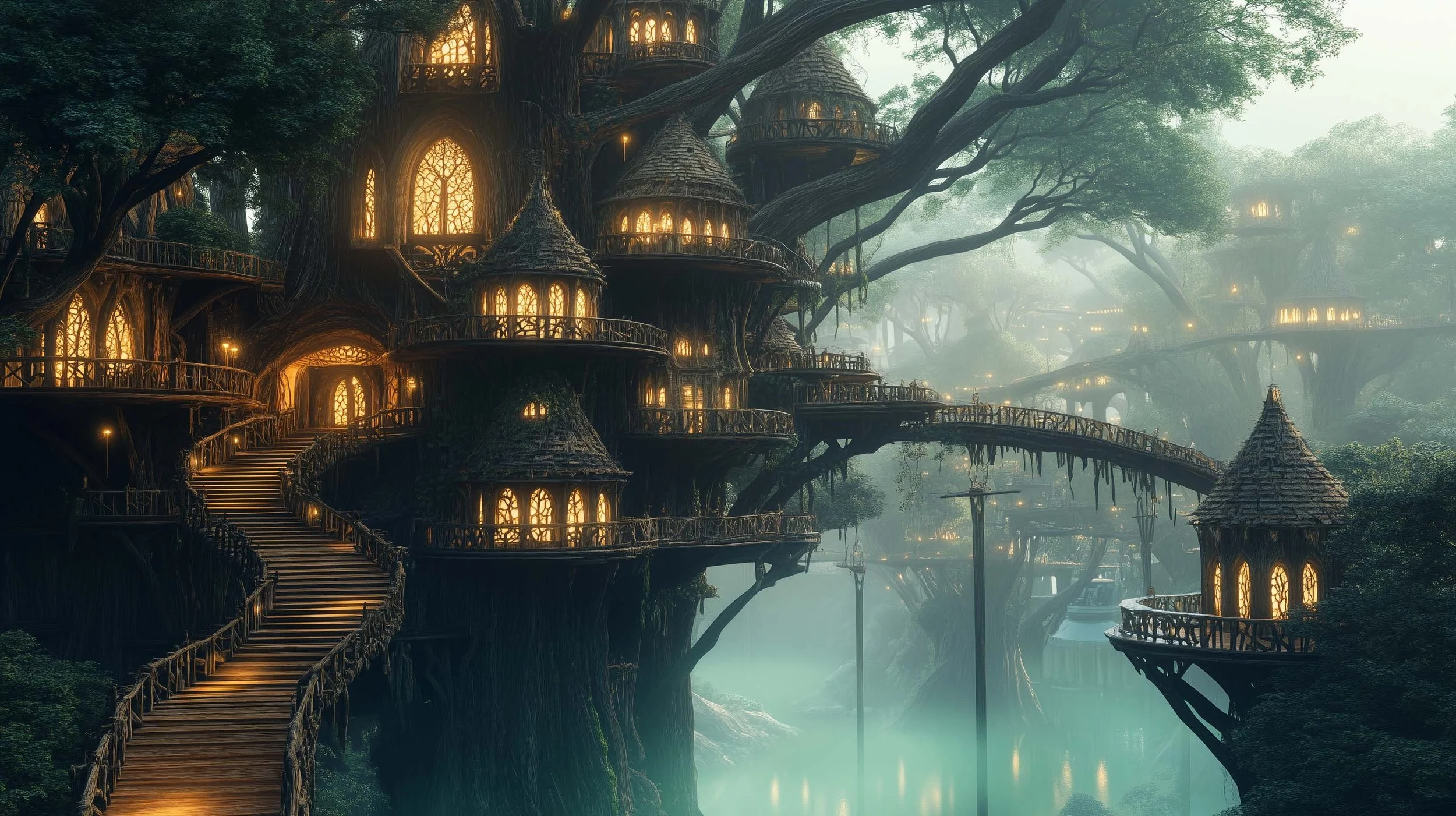 A fantastical treehouse village built among large, ancient trees with winding wooden walkways and illuminated windows in a foggy forest.
