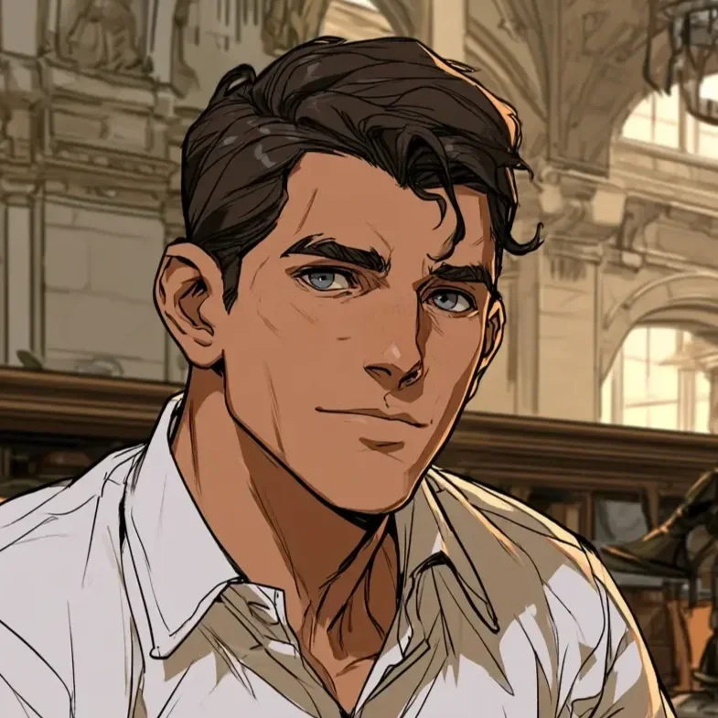 A young man with dark hair and blue eyes wearing a white shirt, depicted in a painterly, realistic style.