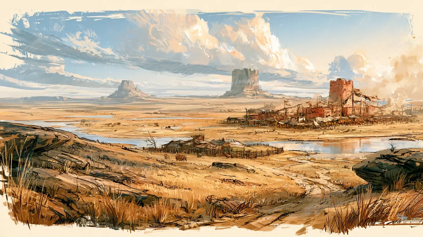 A great plain of golden grasses with fencing, livestock and a small farm. In the far distance, great buttes rise from the plain and beyond them, a range of mountains.