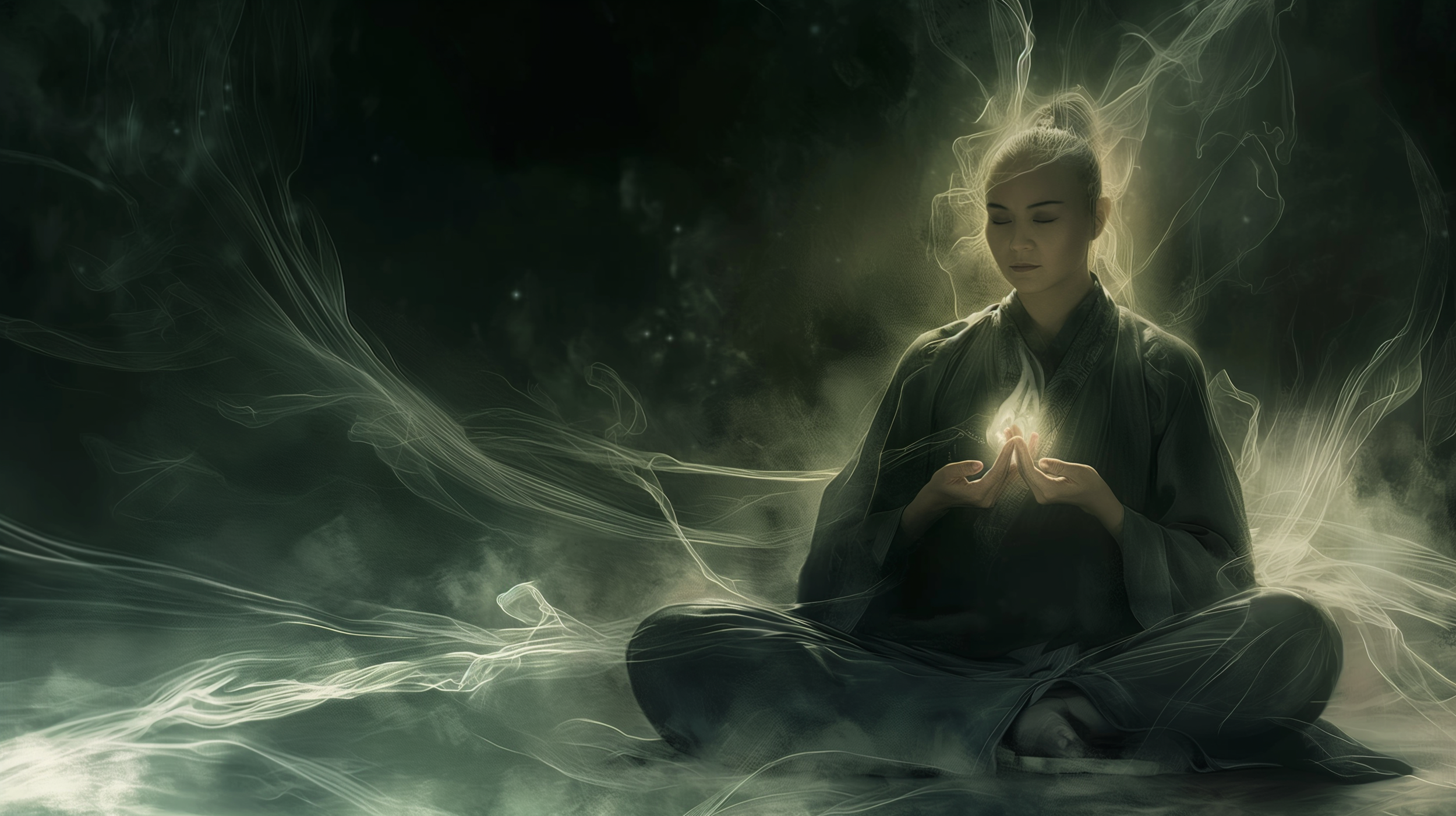 A woman sitting cross-legged in a dark, mystical environment with glowing light and swirling energy around her, holding a glowing orb between her hands.