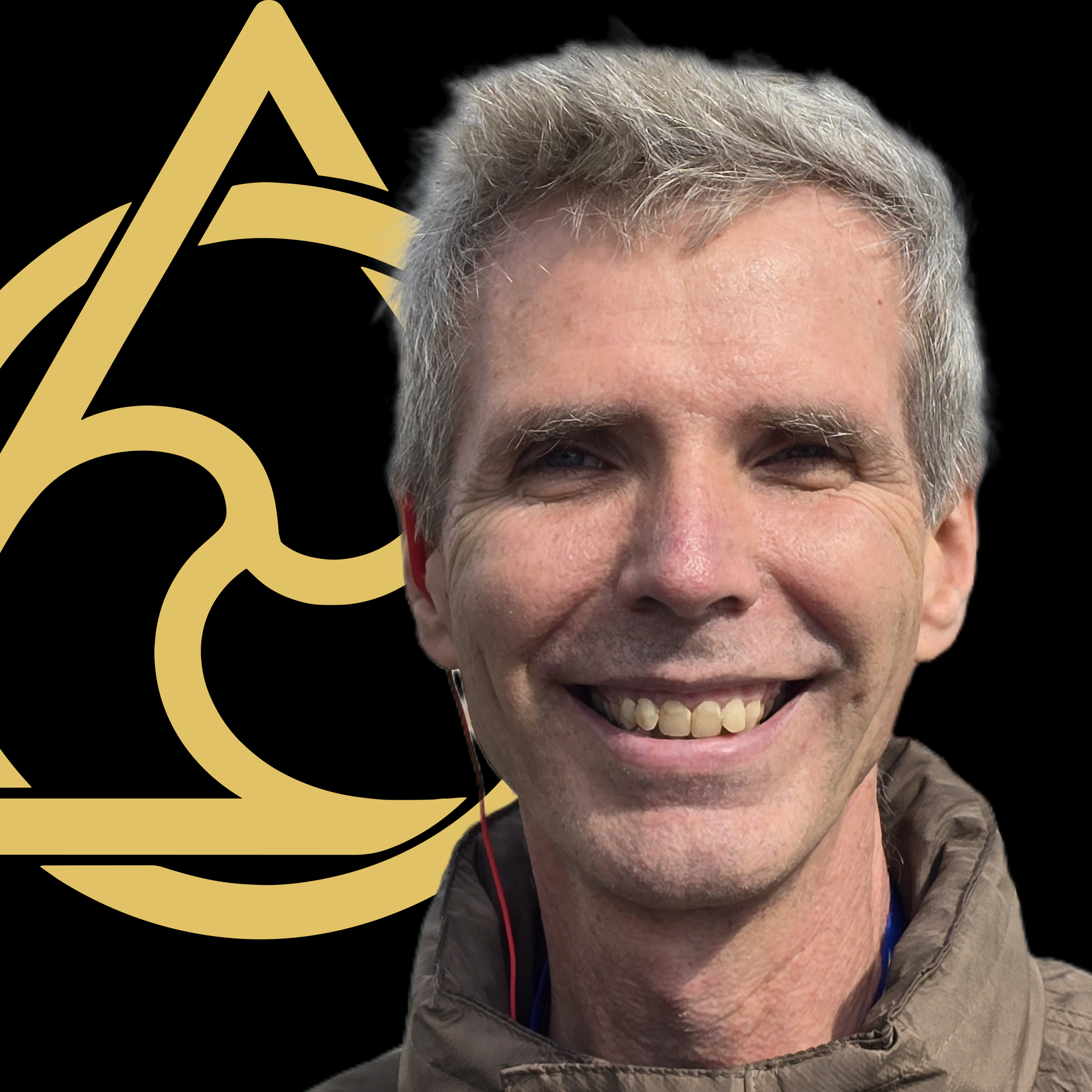 Portrait of author Matthew Yetter, a smiling man with short gray hair, wearing a brown jacket, and a black background with a yellow symbol.