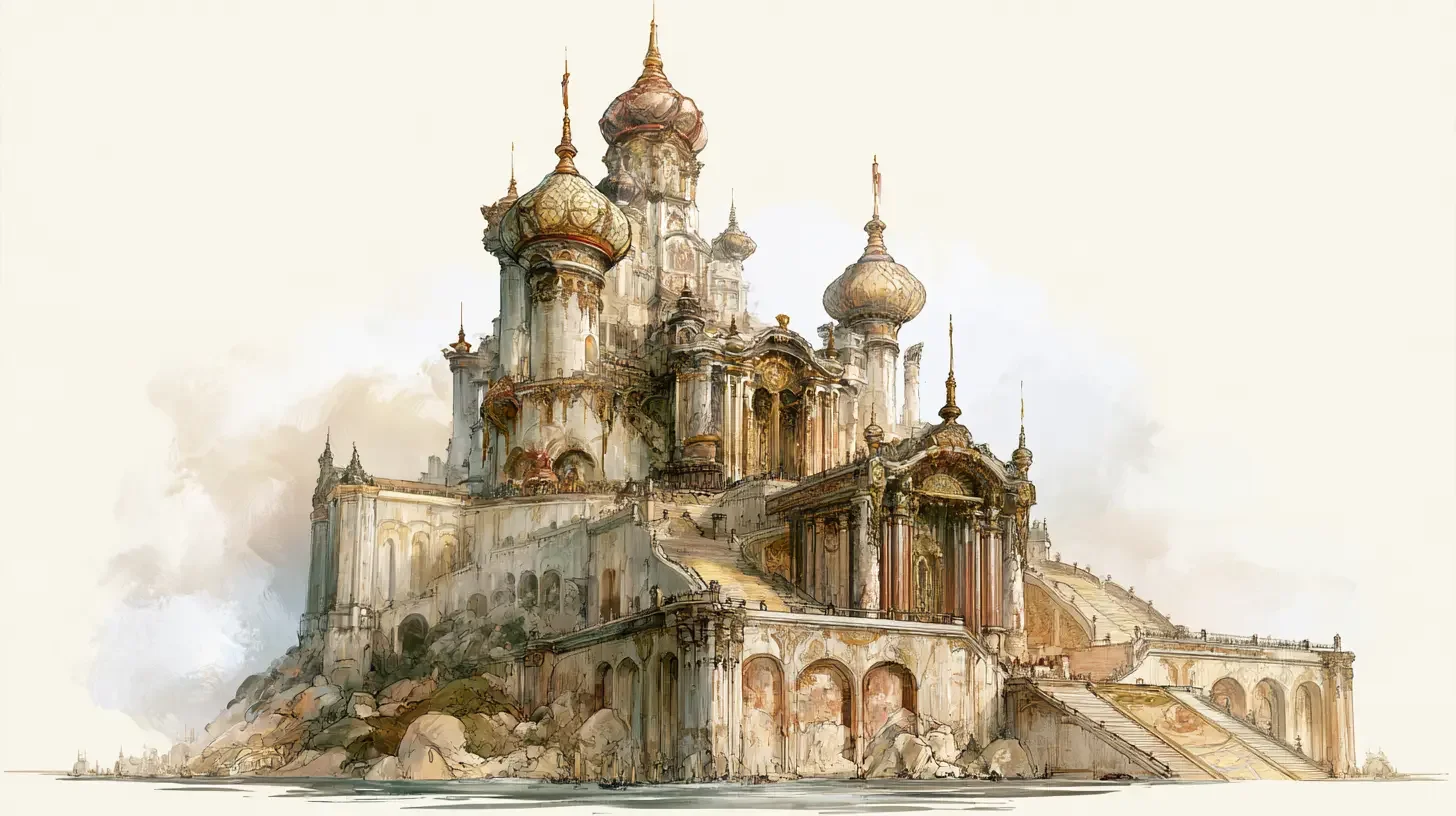 A prosperous fantasy city with a bustling wide avenue, at the far end of which towers a grand palace.