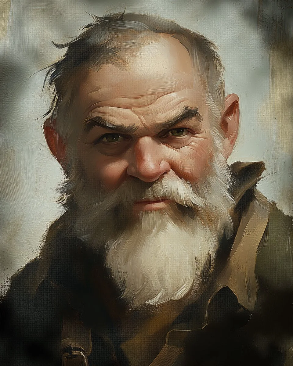 A portrait of an older man with a bushy white beard and mustache, looking directly at the camera with a serious expression. He has gray hair and is wearing a dark jacket with a collared shirt.