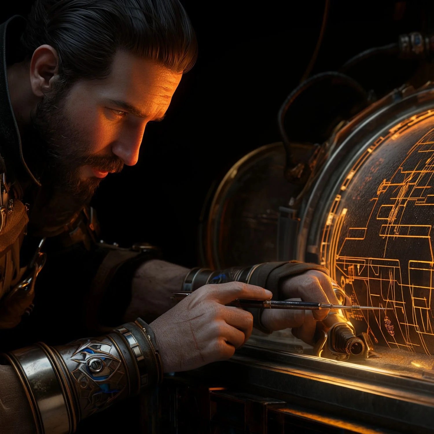 A bearded man in ornate, steampunk-style bracers works intently on a glowing, intricate mechanical device. He uses a fine metal tool to adjust delicate components while golden-orange schematics and circuitry illuminate his focused expression.