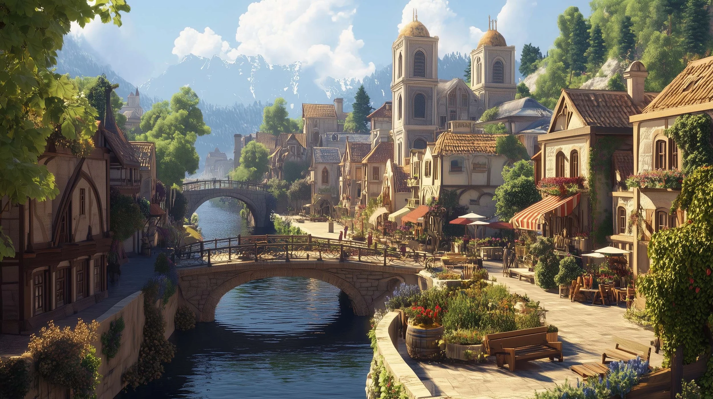 A picturesque European-style village with rivers flowing through it, surrounded by lush greenery and mountains in the background, with charming buildings, bridges, and outdoor cafes.