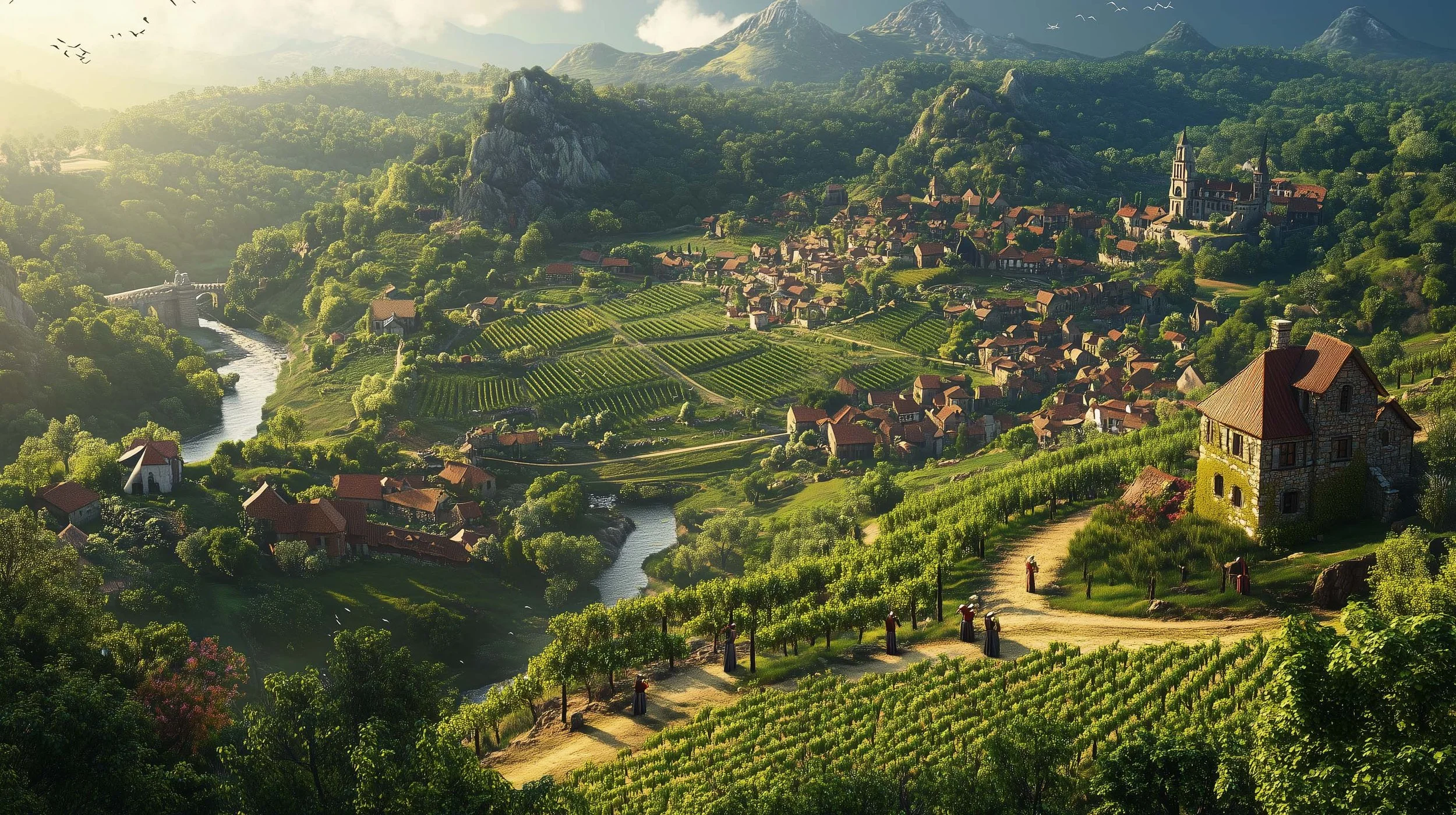 Scenic view of a picturesque vineyard landscape with rolling hills, a small village with red-roofed houses, a river, and mountains in the background, taken during daylight.
