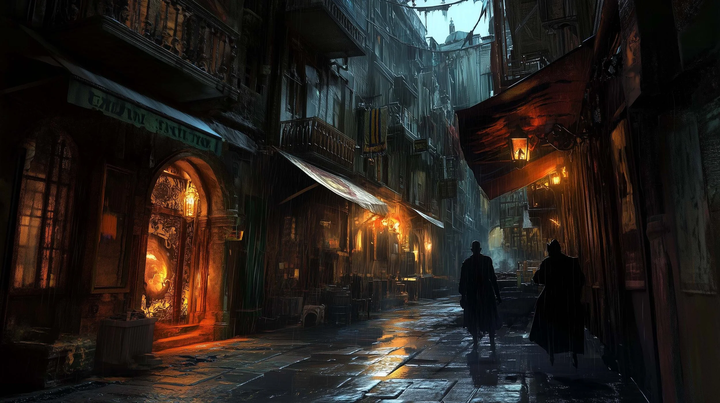 Dark, rainy alleyway with old buildings, glowing streetlights, two silhouetted figures walking, and wet cobblestone pavement.