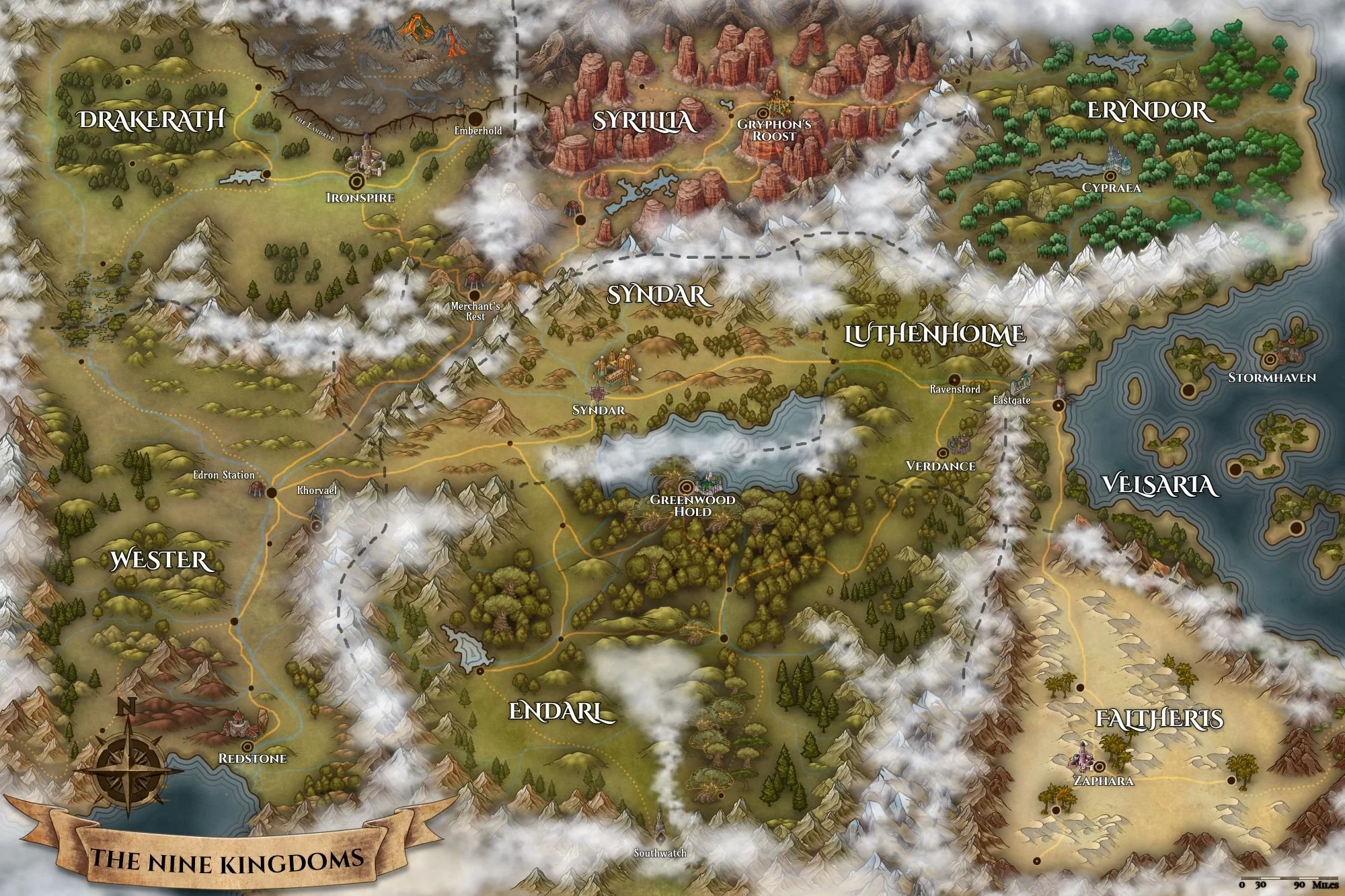 Map of the Nine Kingdoms of Necsis, showing each region in a distinct style. Highlights major geographic features, kingdom borders, and key travel routes across a world shaped by the Shifts.