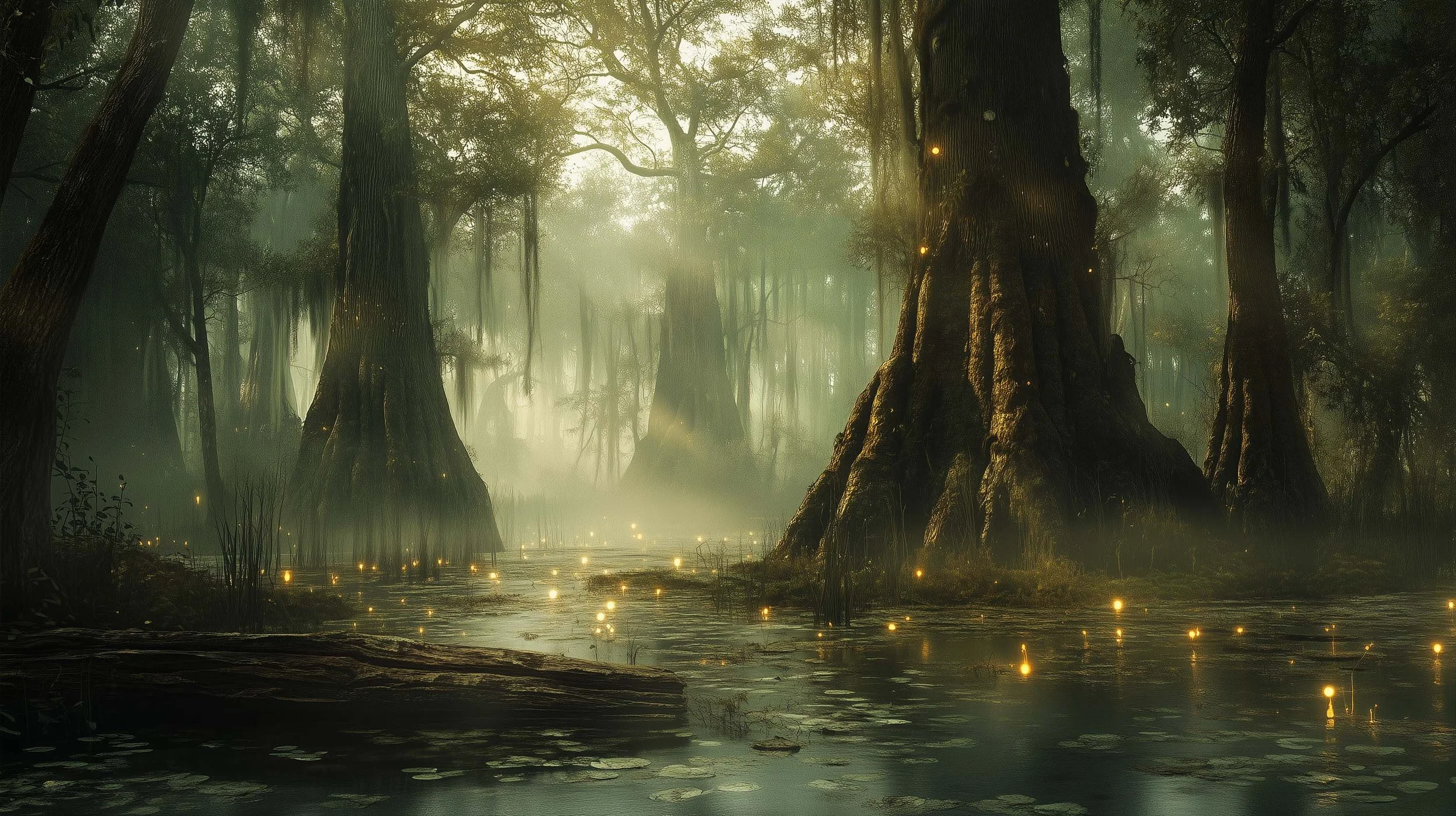 A mystical swamp populated with massive trees, sparkling lights scattered across the water's surface.